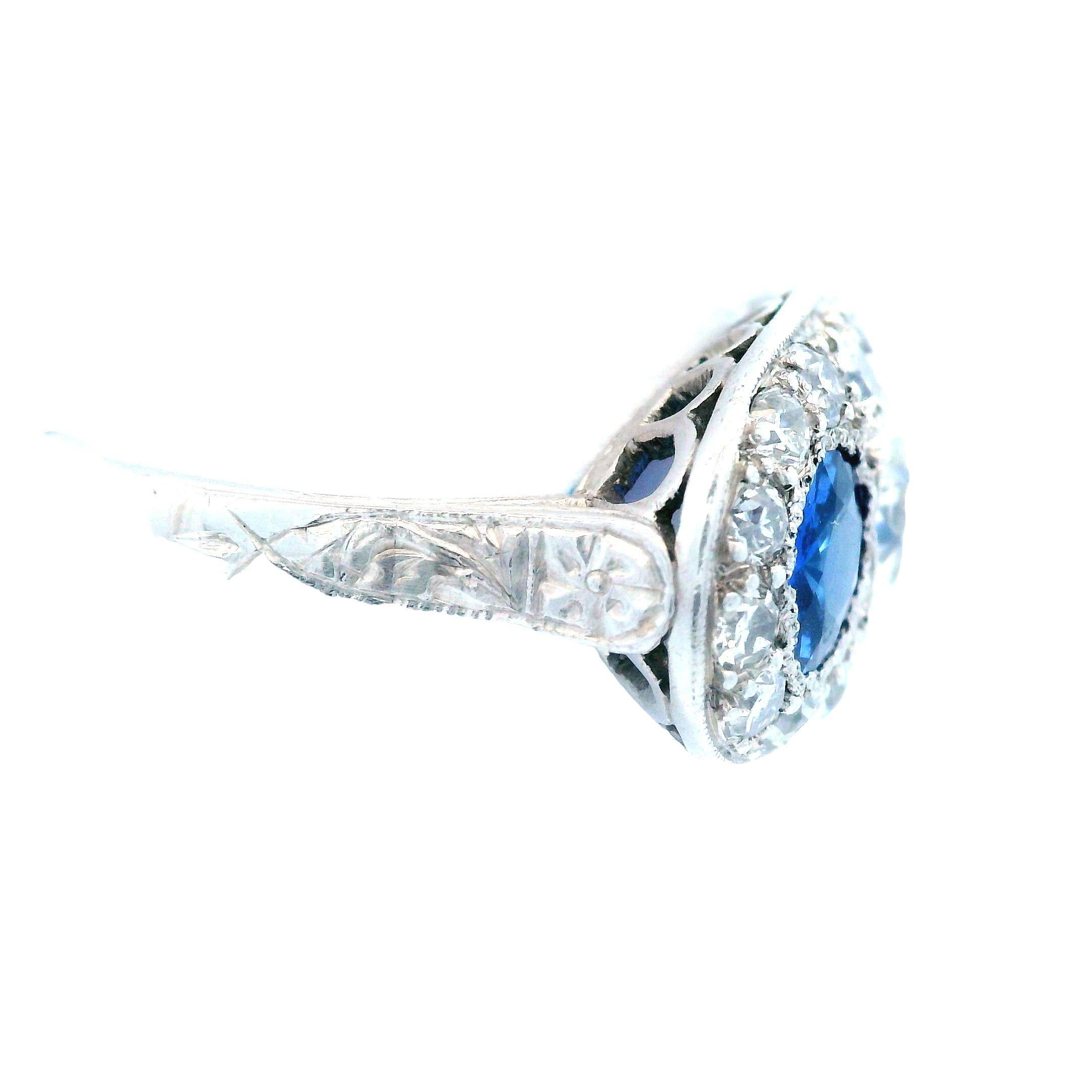 Platinum Deco Diamond and Blue Sapphire 3 Stone Ring For Sale 1