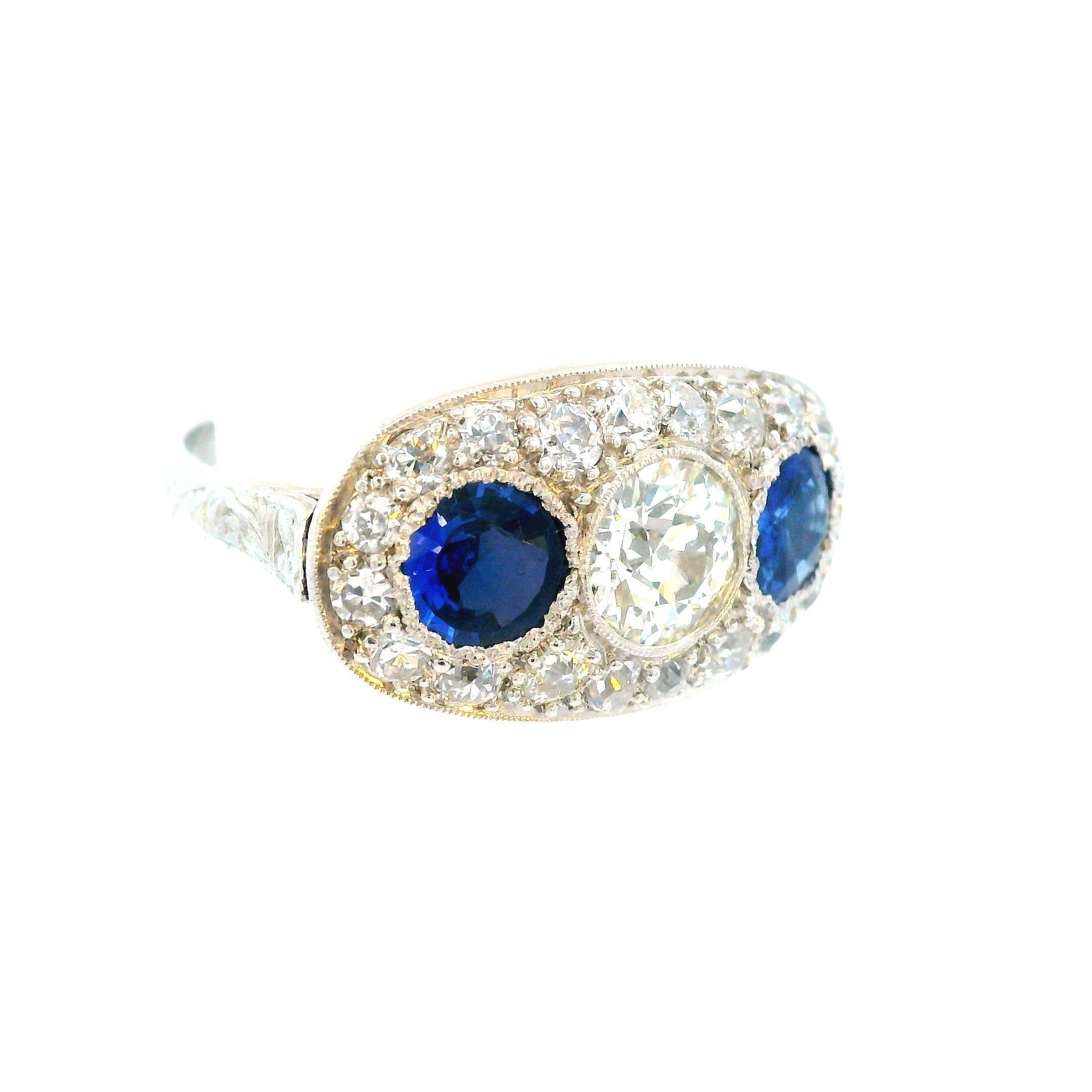 Platinum Deco Diamond and Blue Sapphire 3 Stone Ring For Sale 2