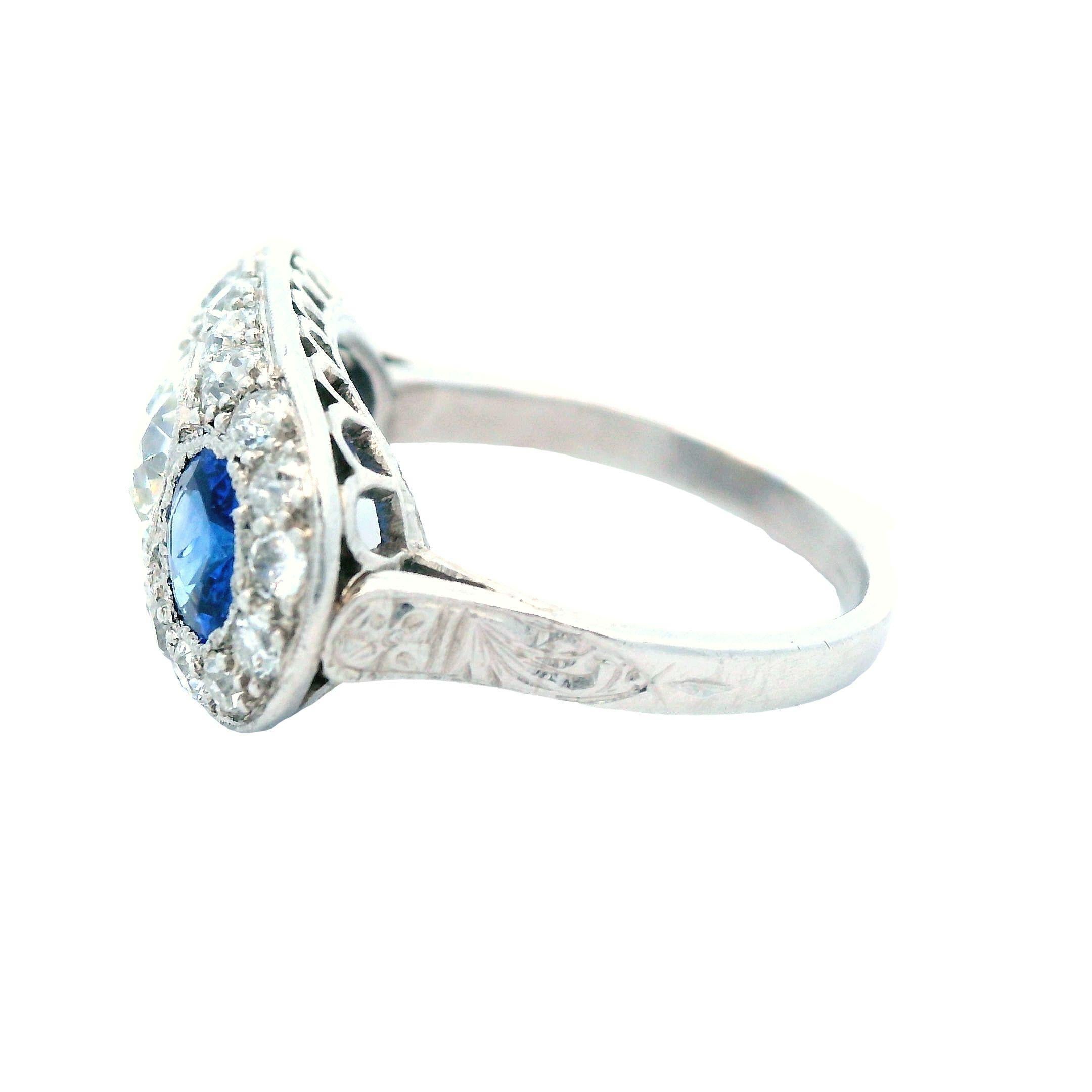 Platinum Deco Diamond and Blue Sapphire 3 Stone Ring For Sale 3