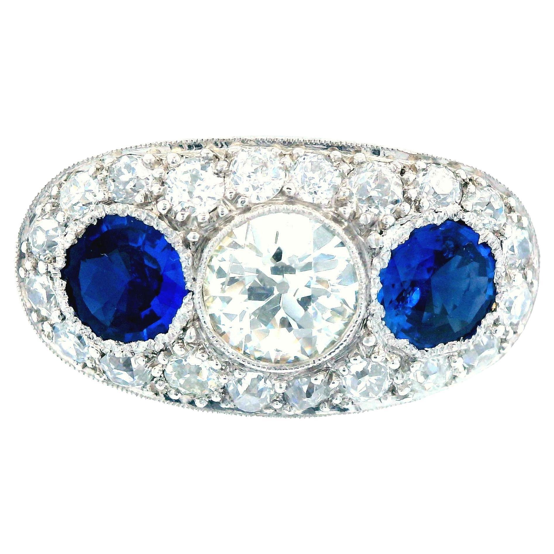 Platinum Deco Diamond and Blue Sapphire 3 Stone Ring For Sale