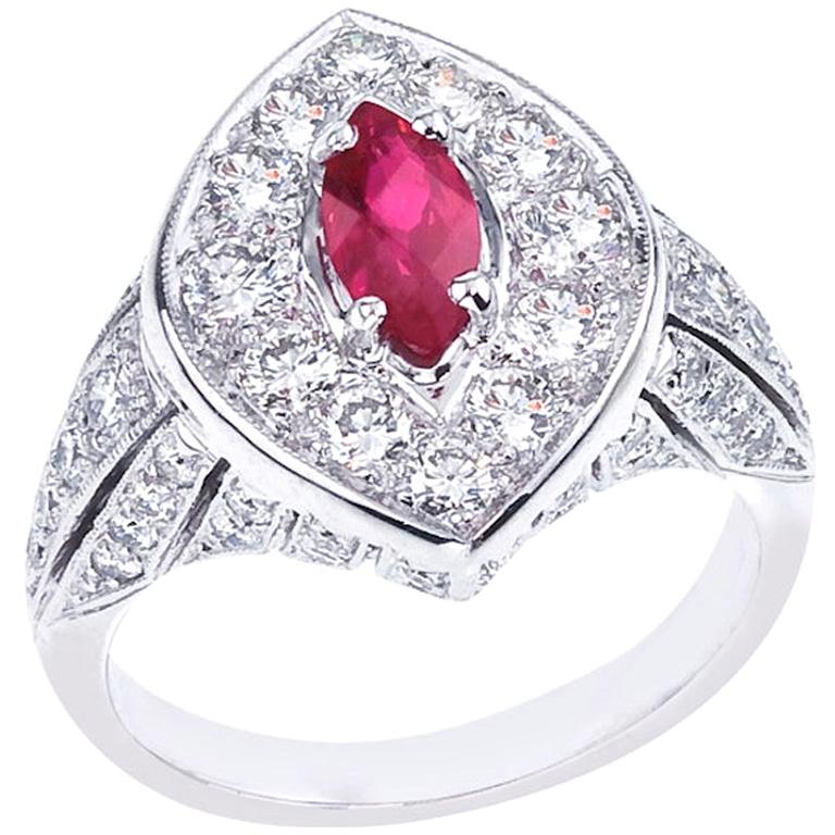 Platinum "Deco" Diamond and Marquise Ruby Ring For Sale