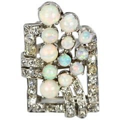 Antique Platinum Deco Diamond Opal Circular Spray Geometric Ring
