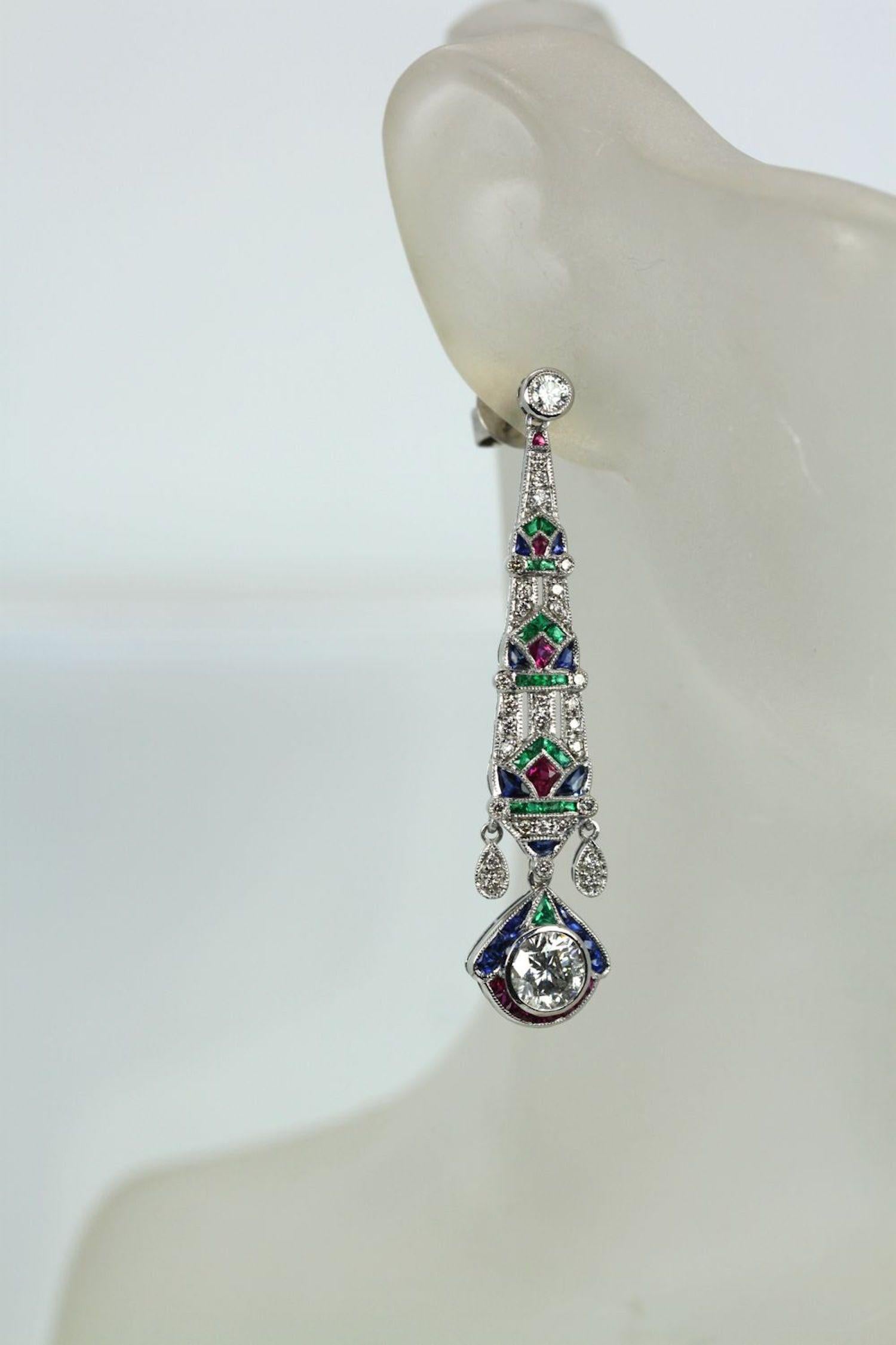 Artisan Platinum Diamond Sapphire Emerald Ruby Drop Earrings For Sale
