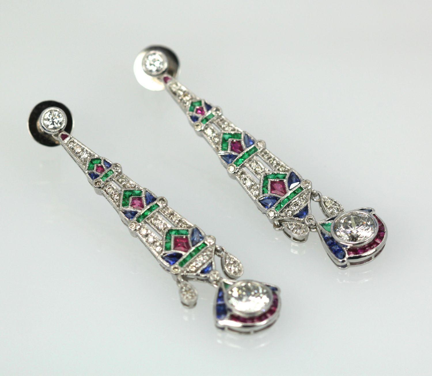 French Cut Platinum Diamond Sapphire Emerald Ruby Drop Earrings For Sale