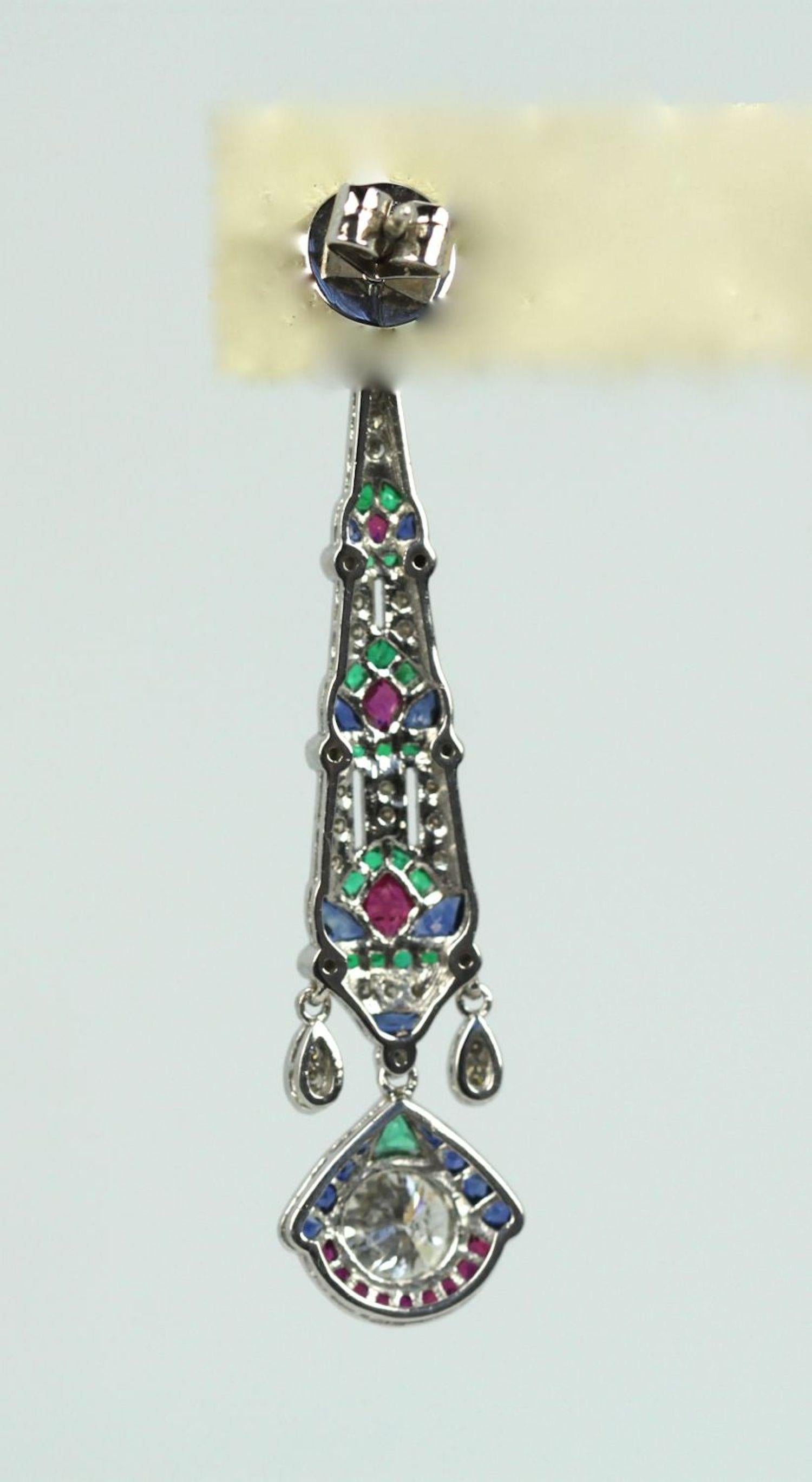 Women's Platinum Diamond Sapphire Emerald Ruby Drop Earrings For Sale