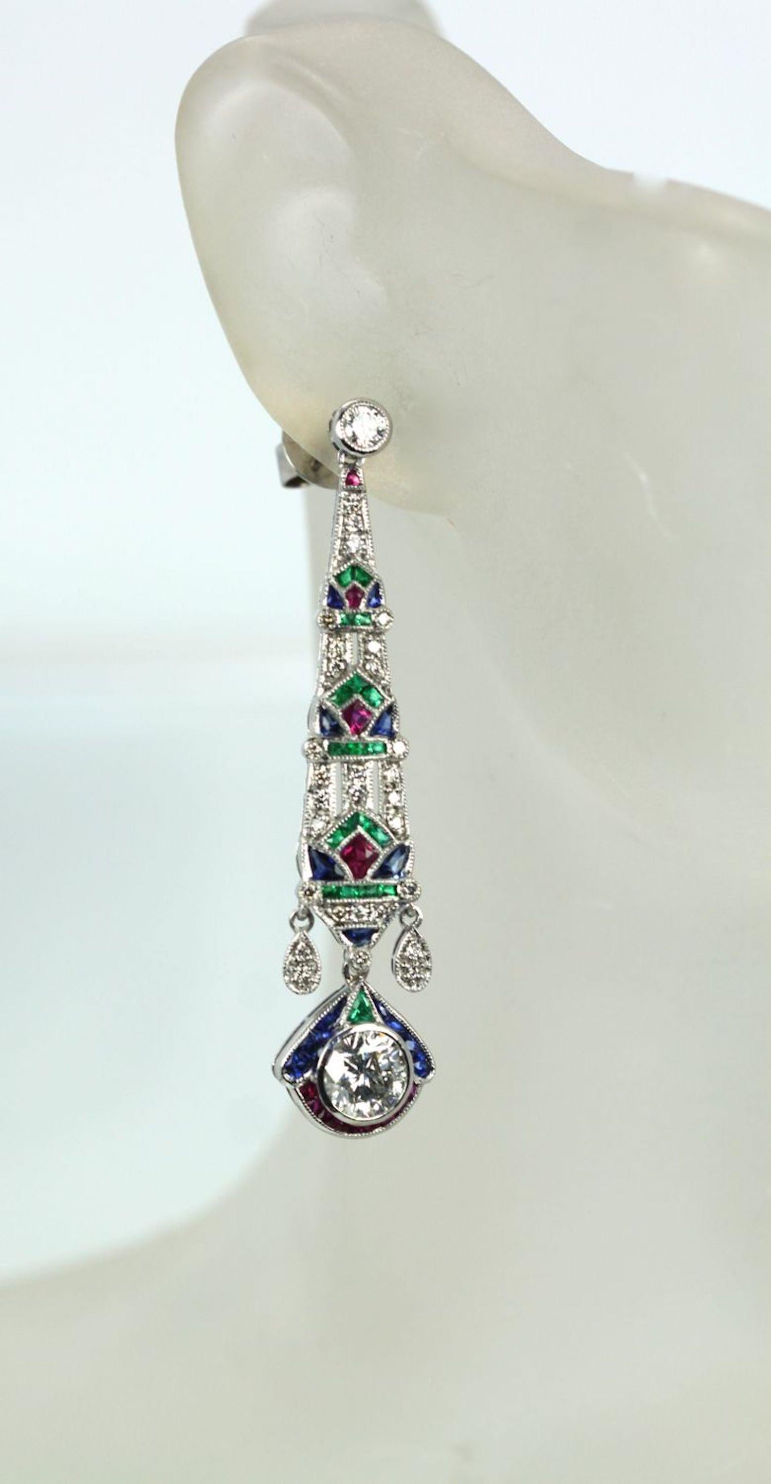 Platinum Diamond Sapphire Emerald Ruby Drop Earrings For Sale 2