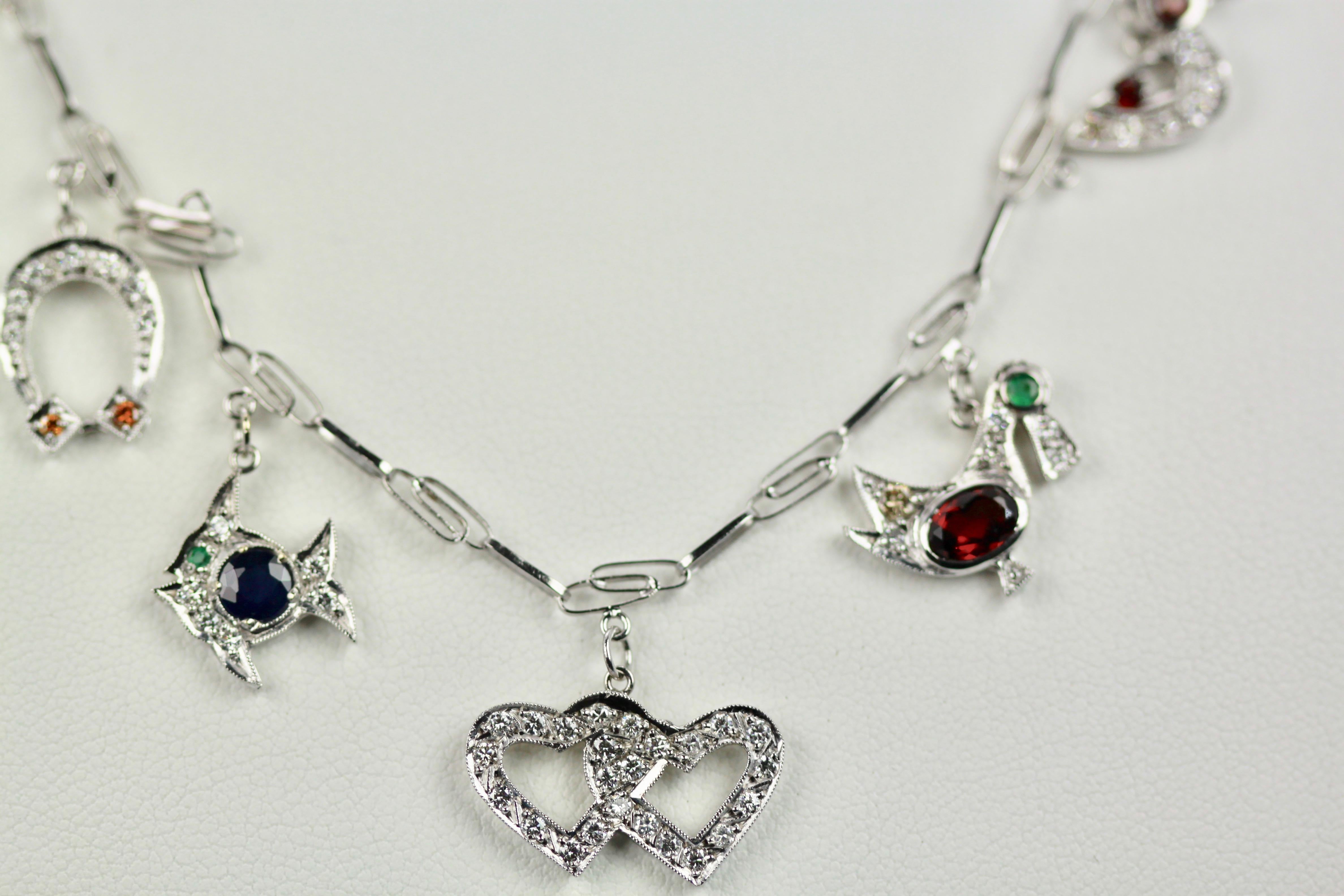 Platinum Deco Diamond Sapphire Garnet Ruby Emerald Topaz Charm Necklace 4