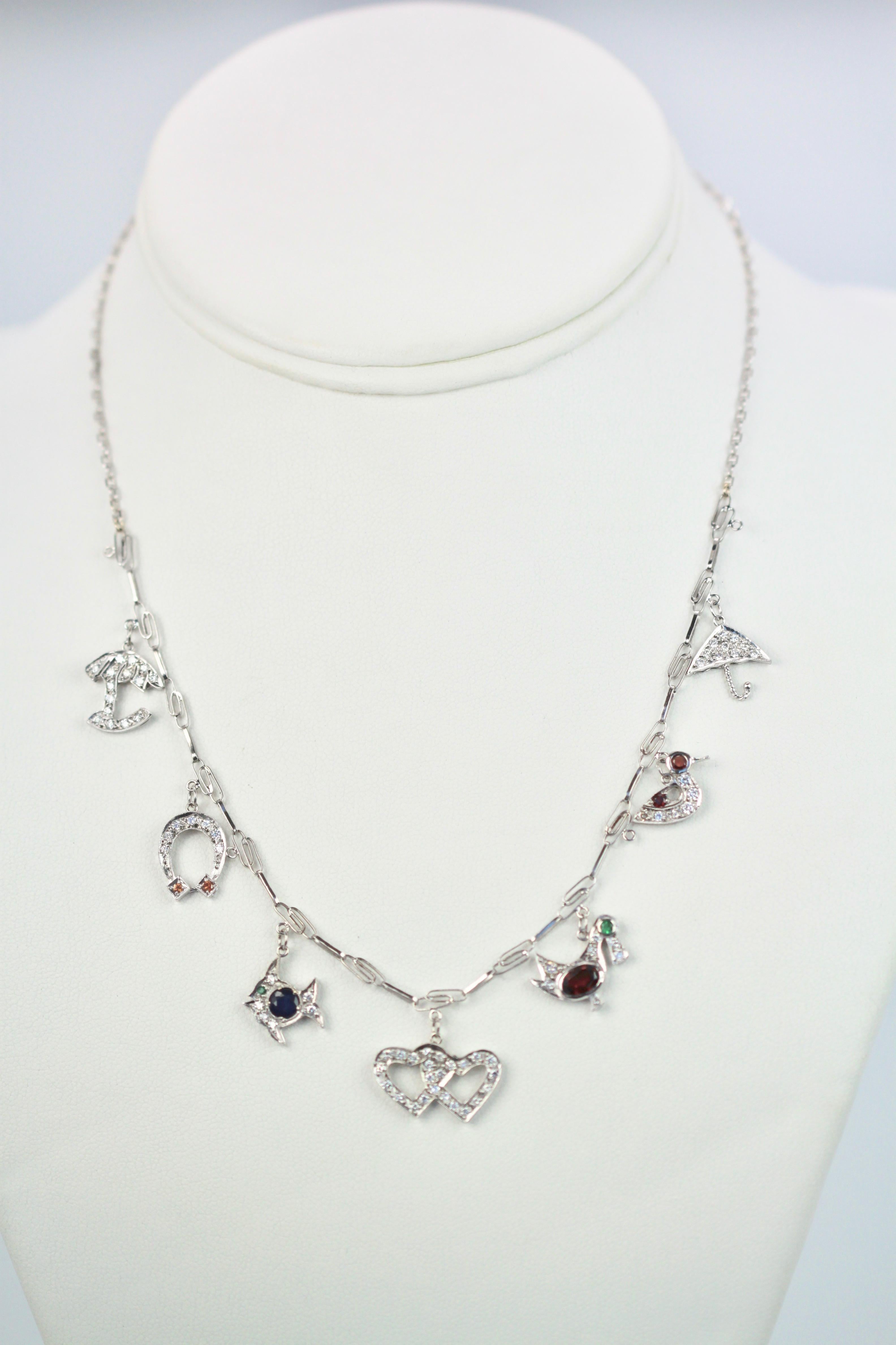 Platinum Deco Diamond Sapphire Garnet Ruby Emerald Topaz Charm Necklace 5