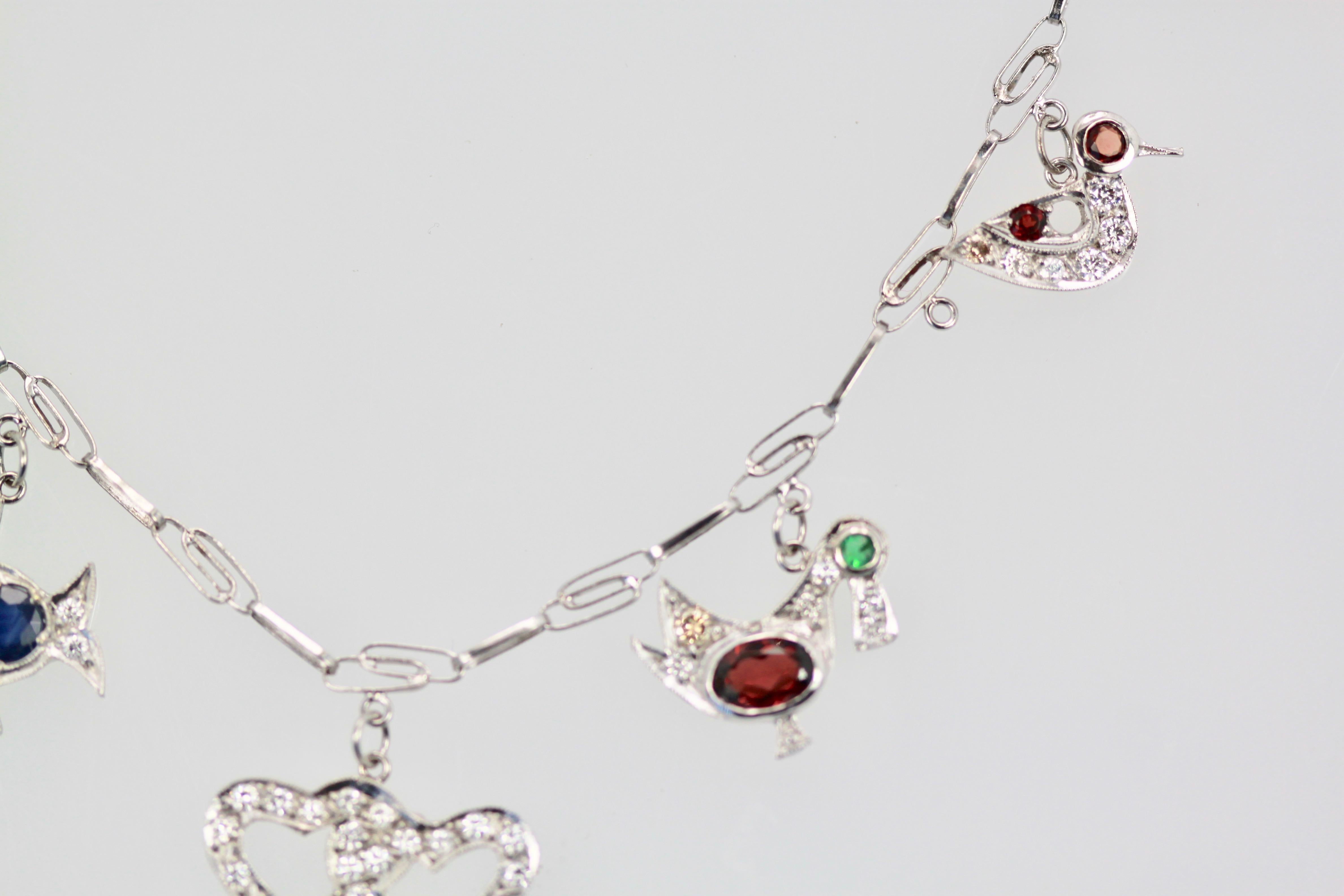 Art Deco Platinum Deco Diamond Sapphire Garnet Ruby Emerald Topaz Charm Necklace