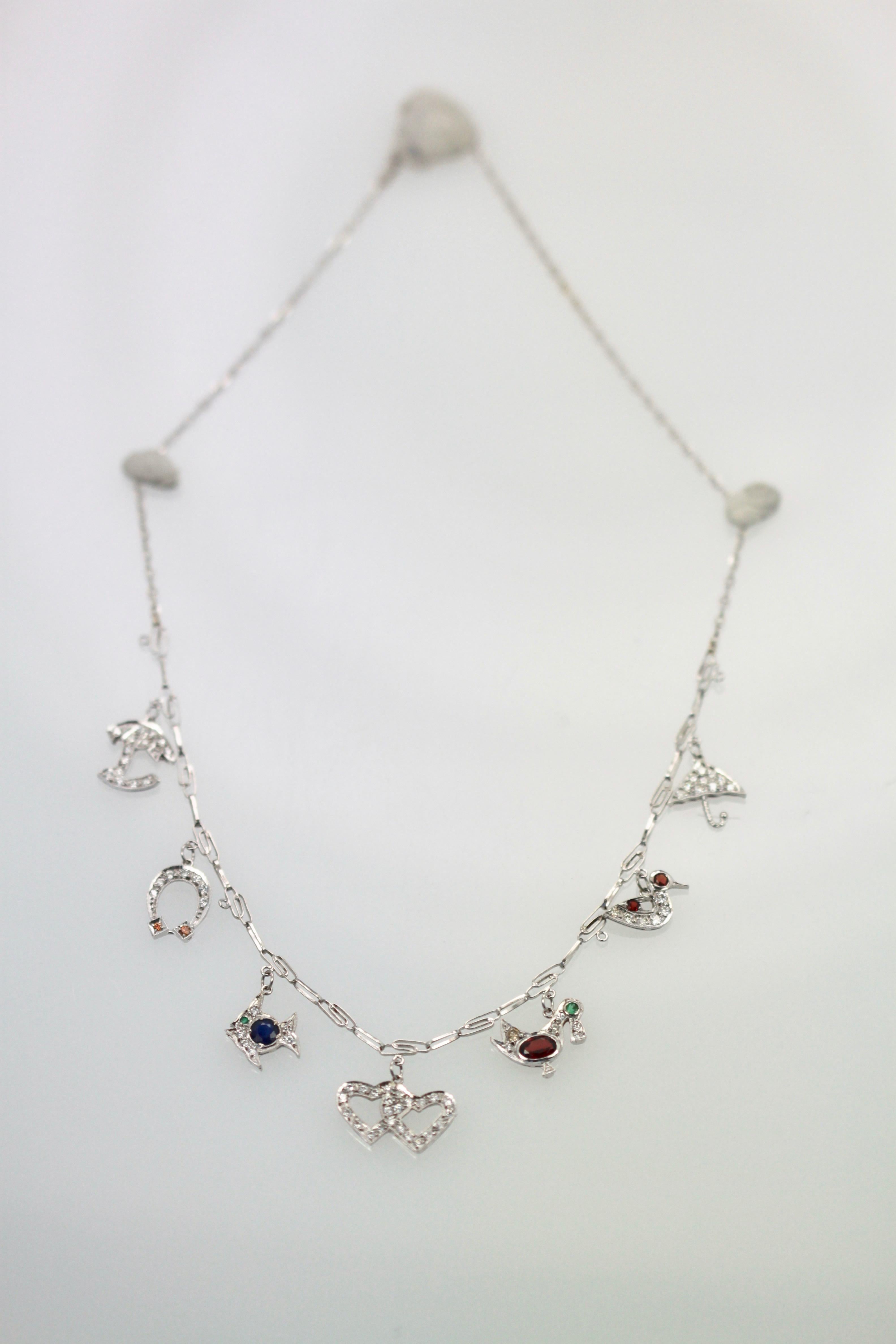 Round Cut Platinum Deco Diamond Sapphire Garnet Ruby Emerald Topaz Charm Necklace