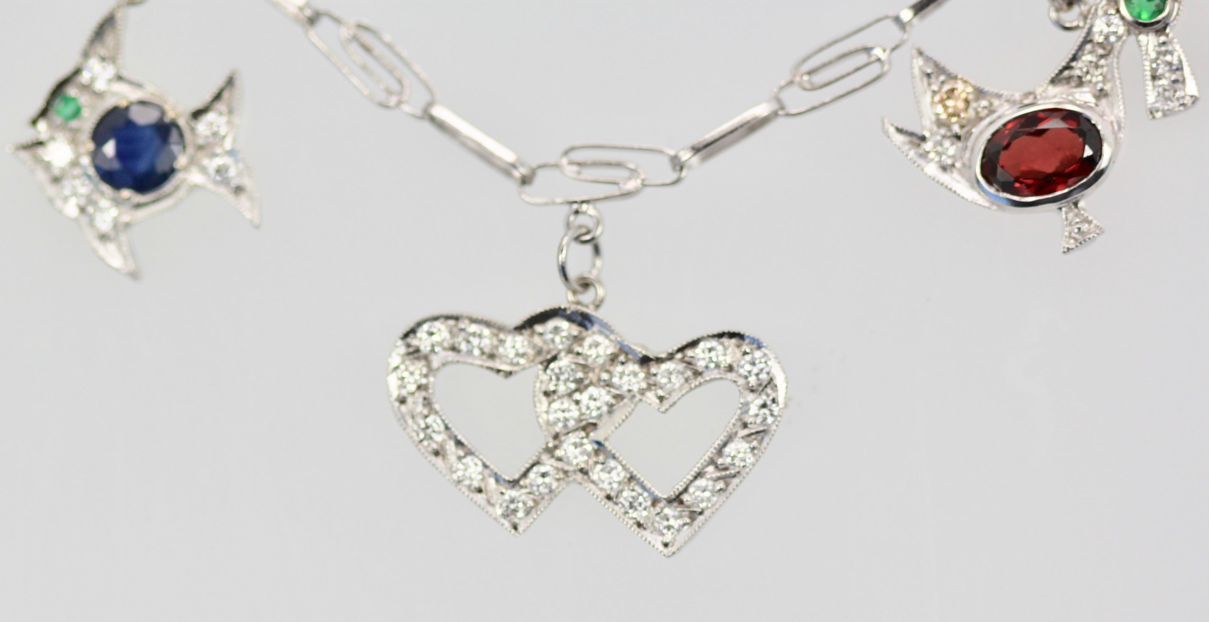 Platinum Deco Diamond Sapphire Garnet Ruby Emerald Topaz Charm Necklace 1