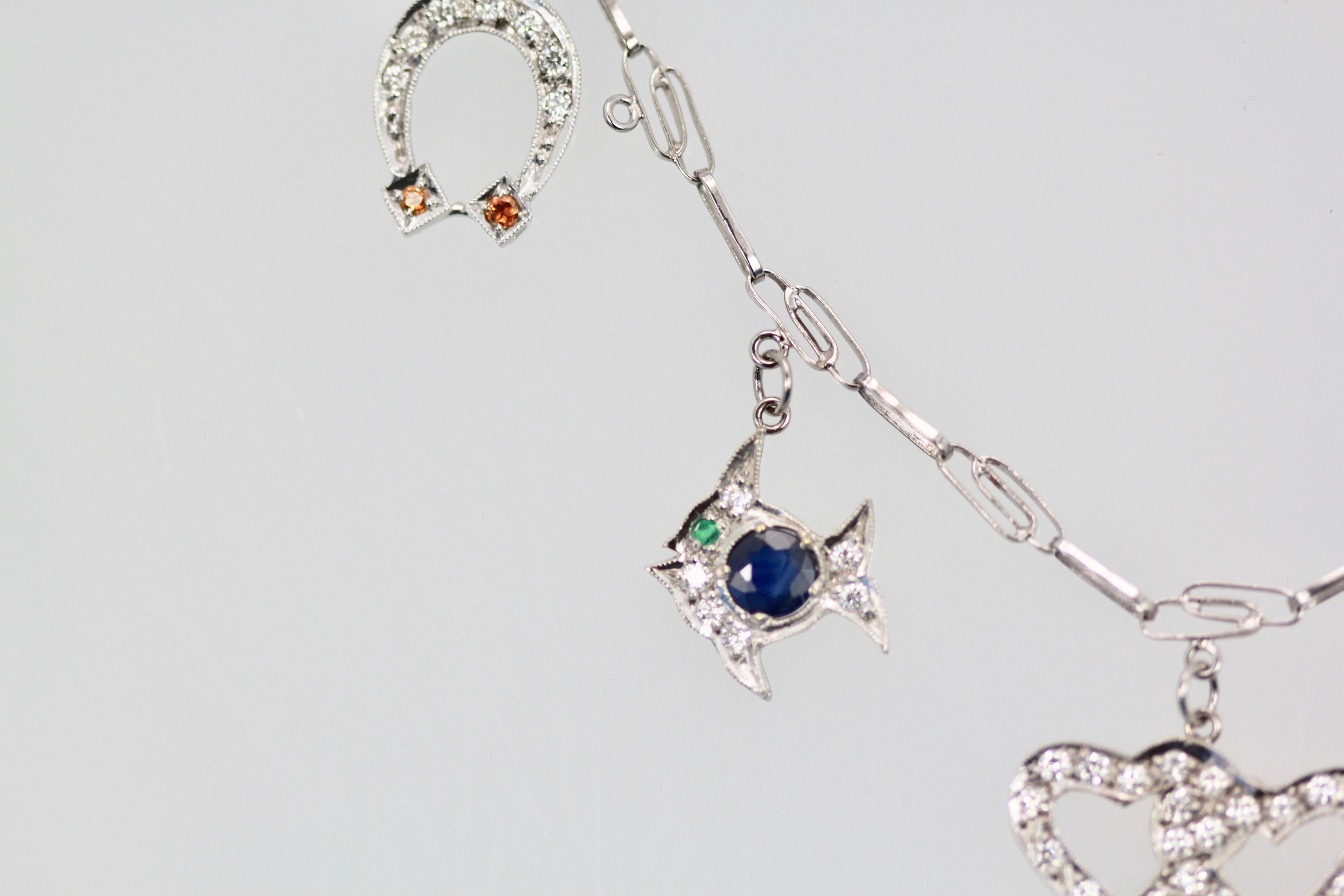 Platinum Deco Diamond Sapphire Garnet Ruby Emerald Topaz Charm Necklace 2