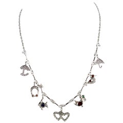 Platinum Deco Diamond Sapphire Garnet Ruby Emerald Topaz Charm Necklace