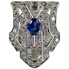 Platinum Deco Diamond Sapphire Shield Brooch