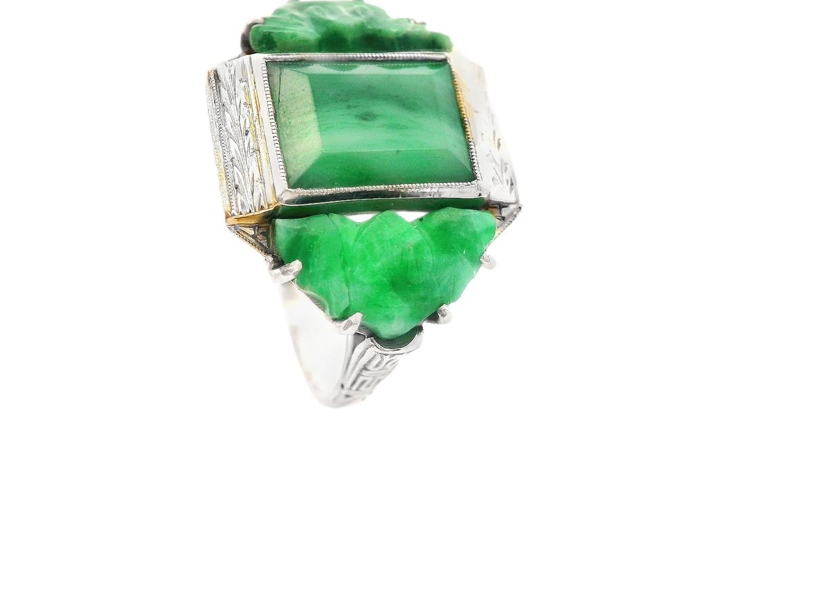 Art Deco Platinum Deco Jade Ring w/ 2 Carved Jade Bats For Sale