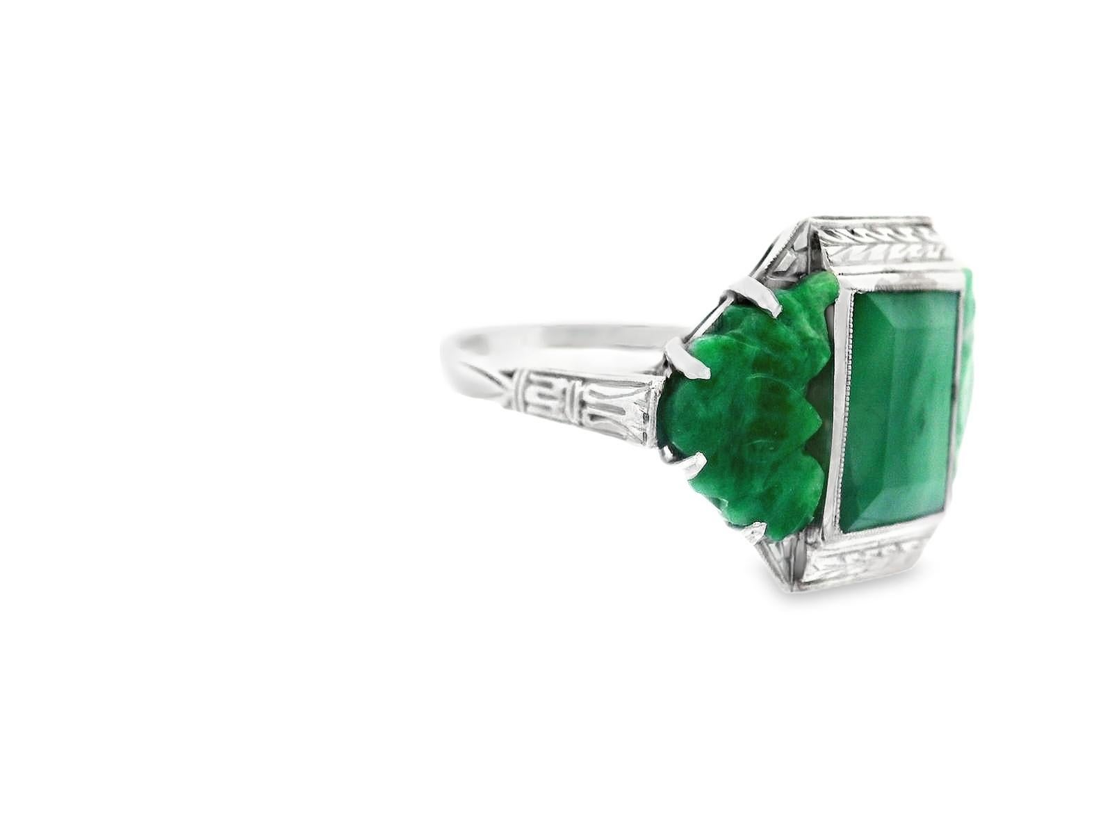 Square Cut Platinum Deco Jade Ring w/ 2 Carved Jade Bats For Sale