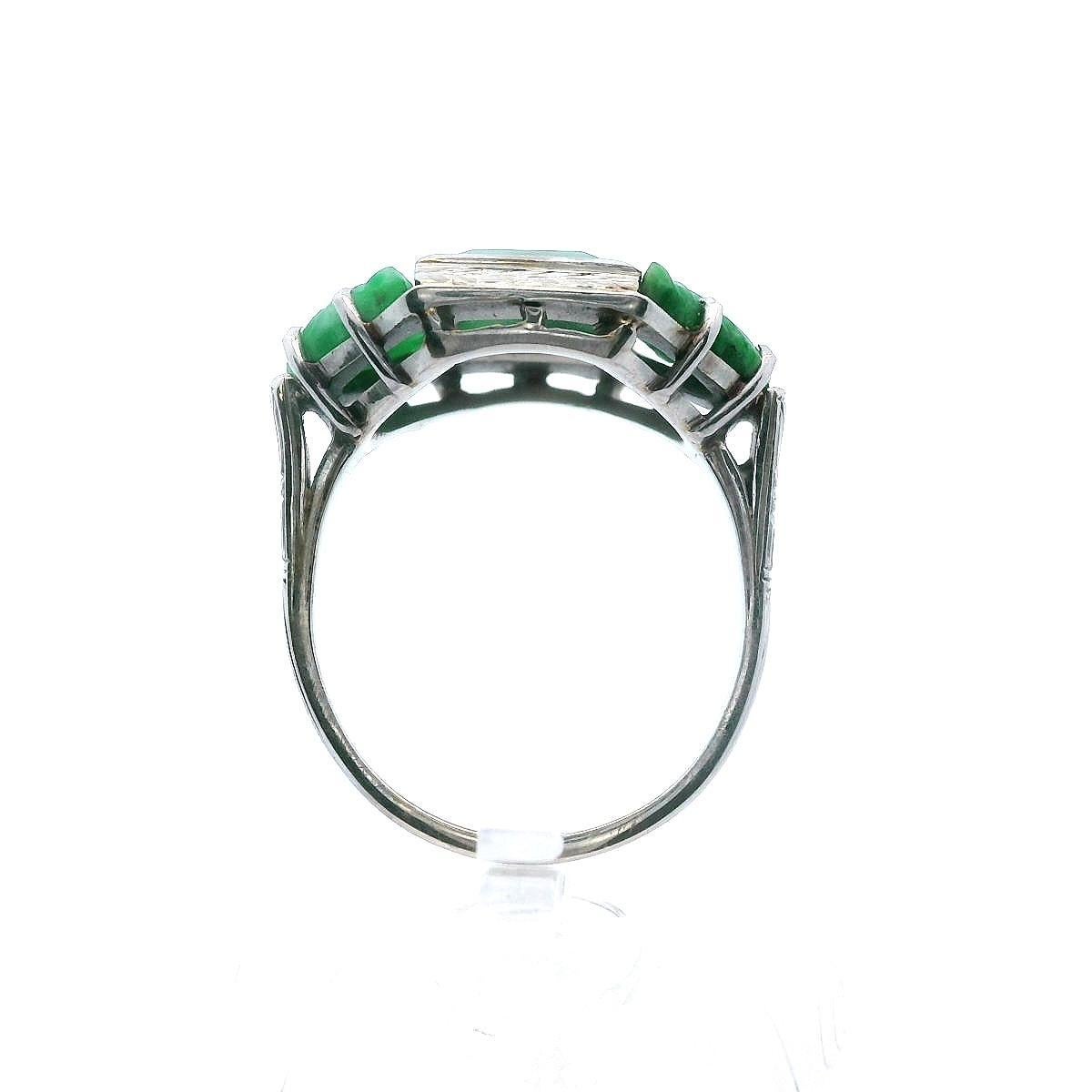 Platinum Deco Jade Ring w/ 2 Carved Jade Bats For Sale 1