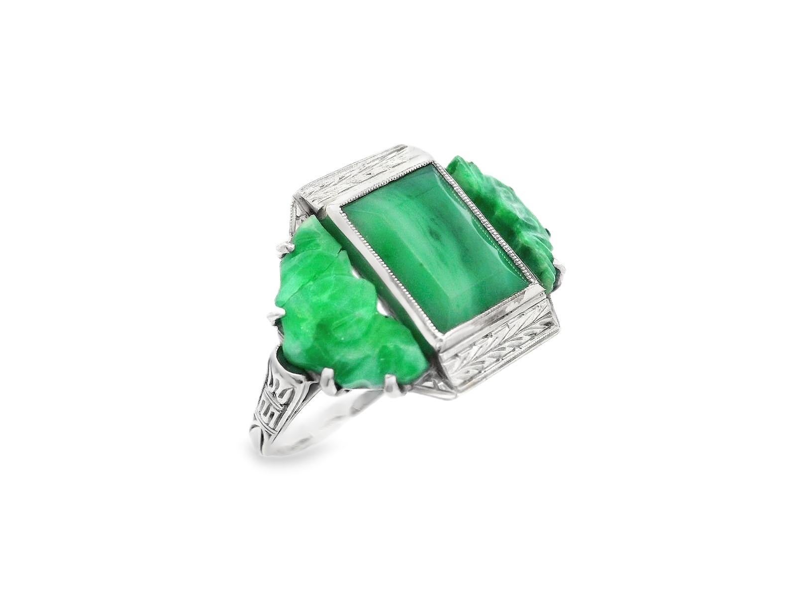 Platinum Deco Jade Ring w/ 2 Carved Jade Bats For Sale 2