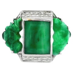 Bague en jade platine déco avec 2 chauves-souris en jade sculpté
