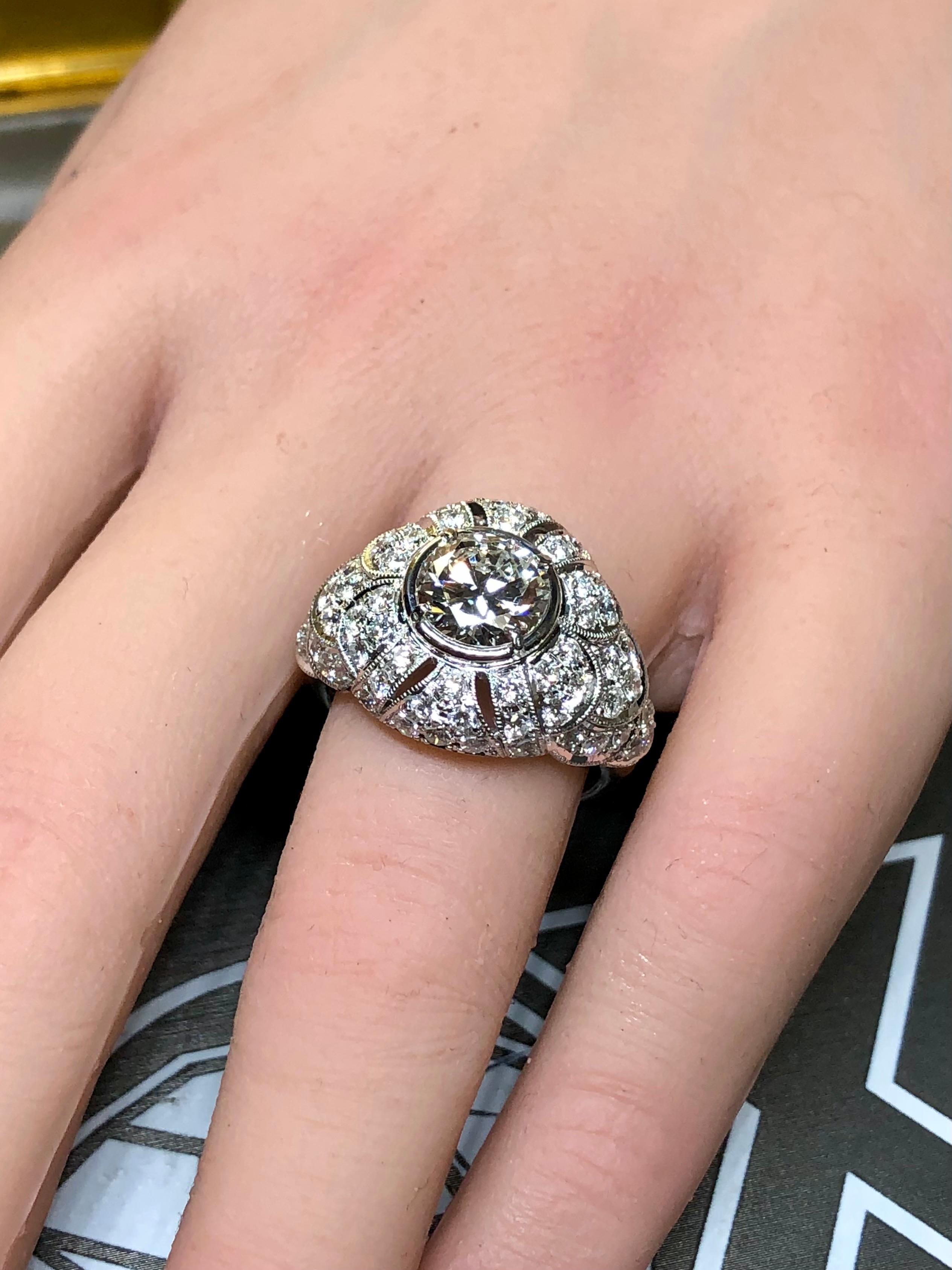 Platinum Deco Old European Diamond Scalloped Cocktail Ring 1.74ct G Vs2 GIA im Angebot 5