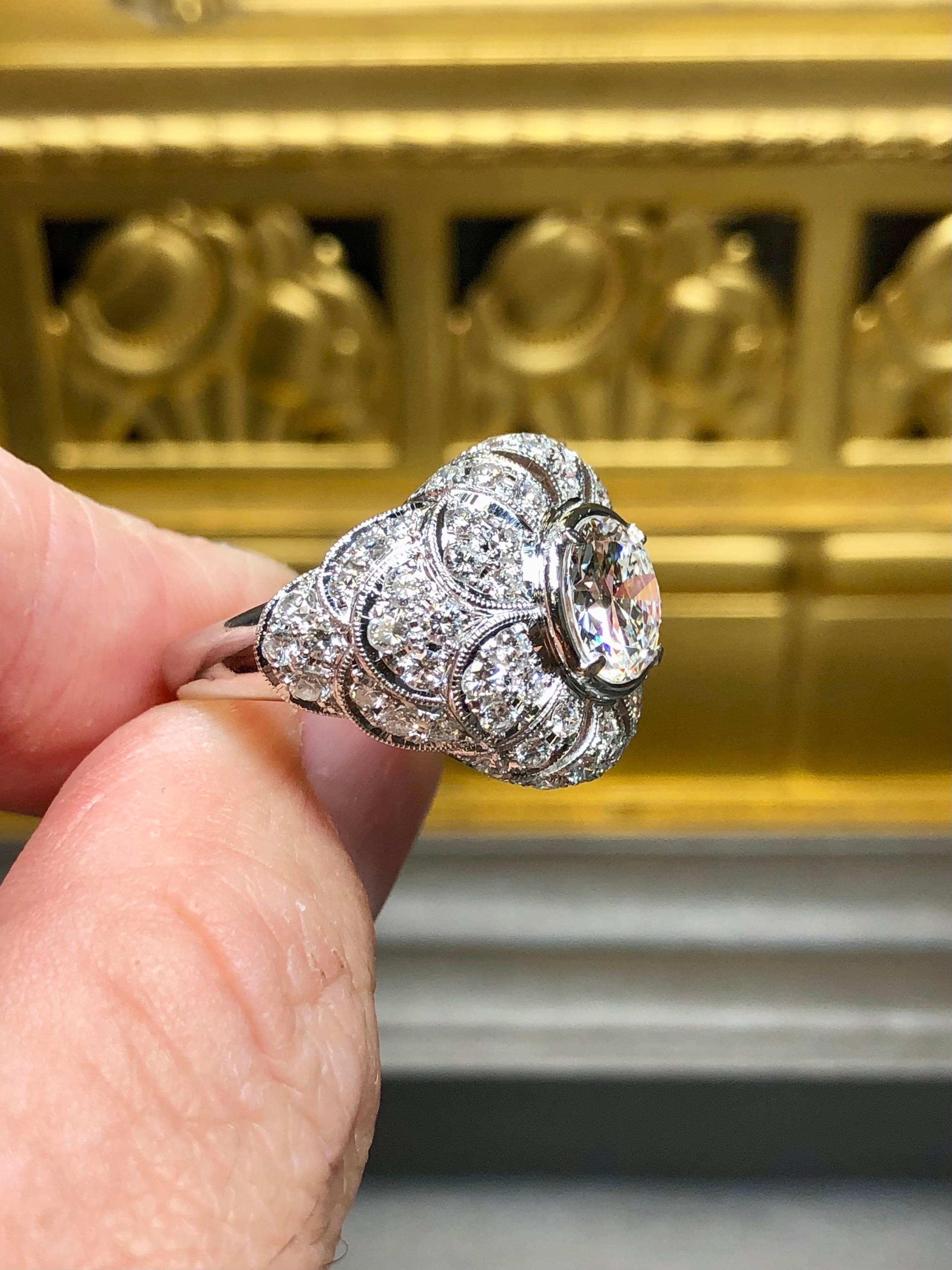 Platinum Deco Old European Diamond Scalloped Cocktail Ring 1.74ct G Vs2 GIA im Angebot 2