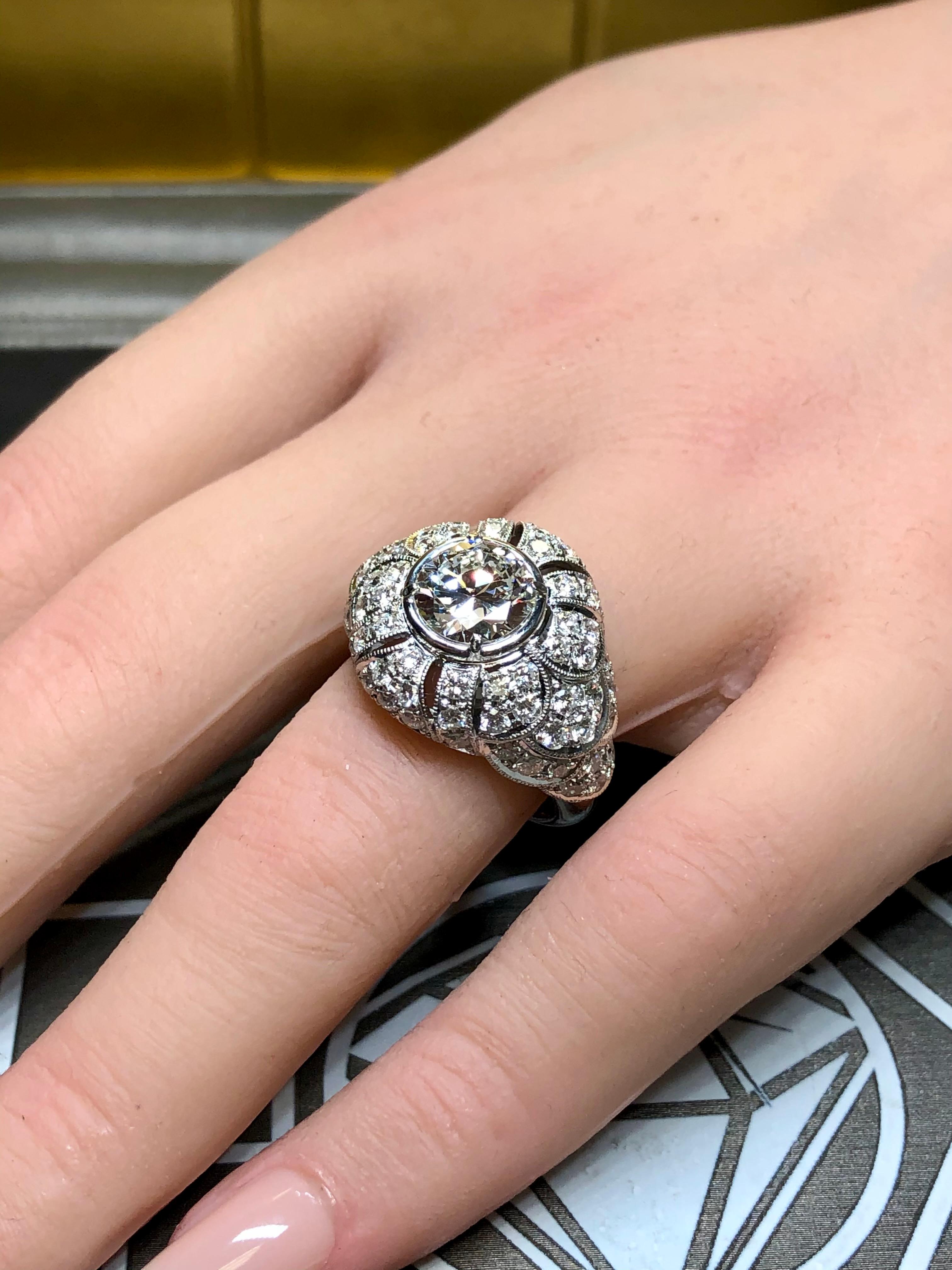 Platinum Deco Old European Diamond Scalloped Cocktail Ring 1.74ct G Vs2 GIA im Angebot 3