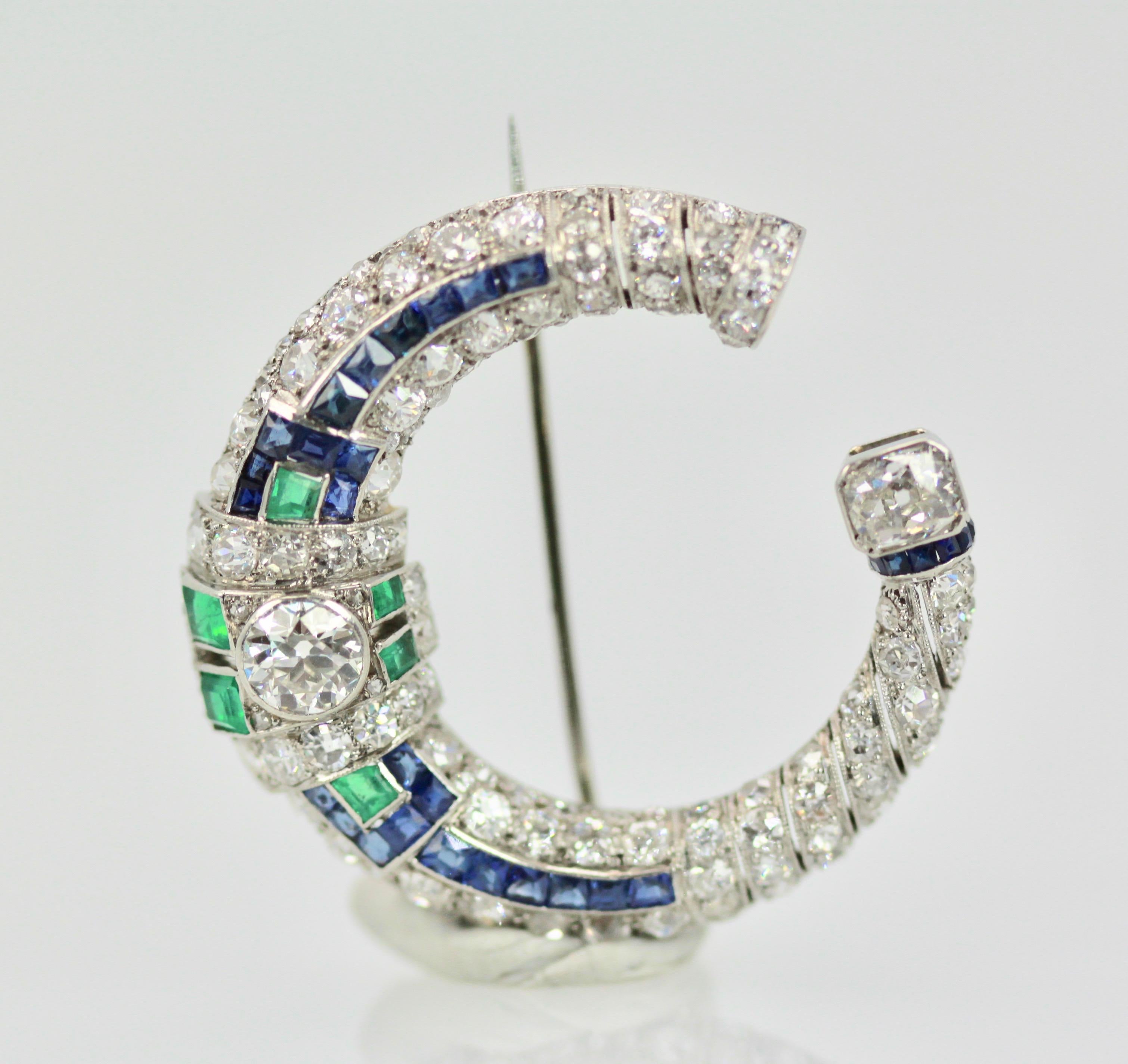 Platinum Deco Sapphire Emerald Diamond Crescent Brooch 5