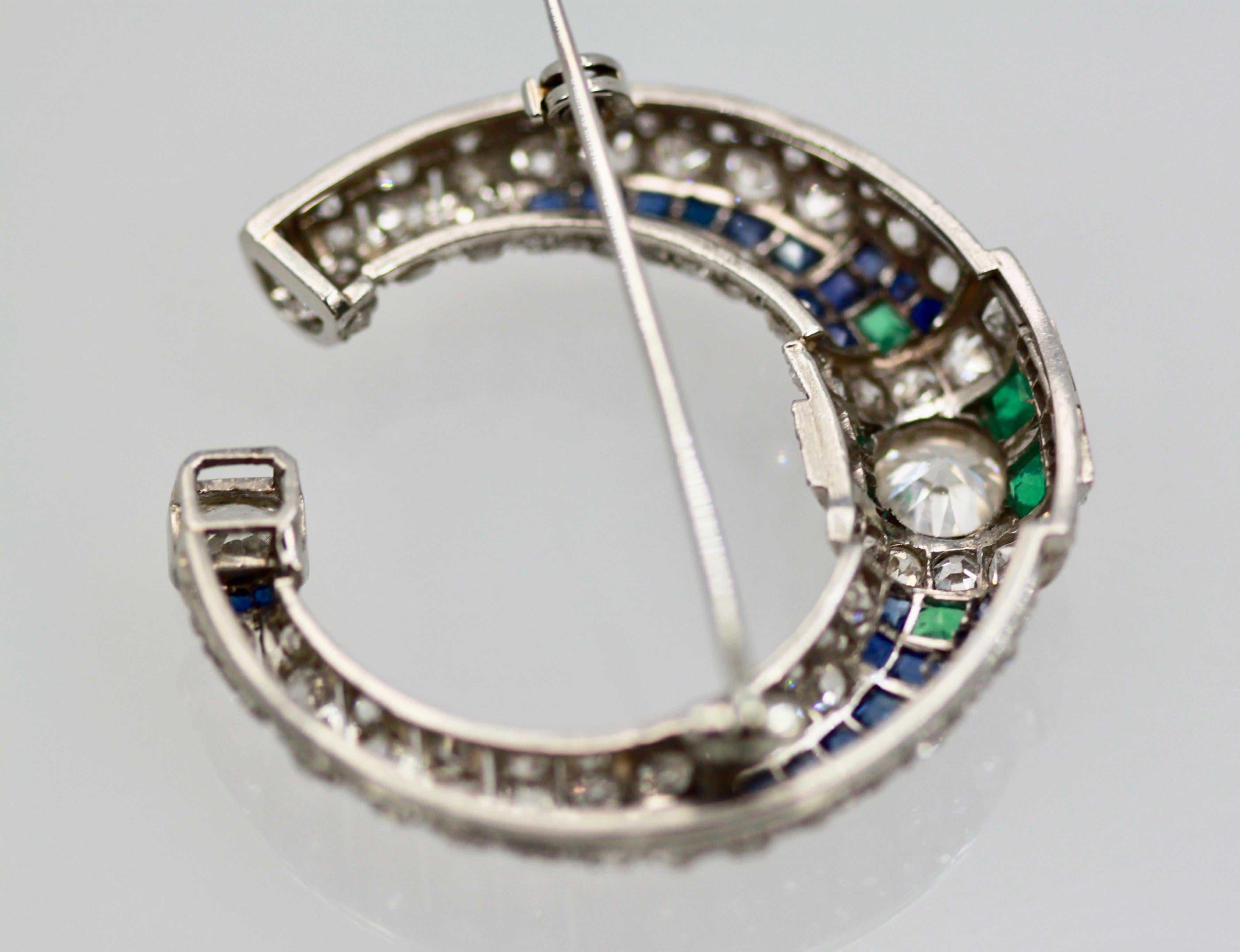 Platinum Deco Sapphire Emerald Diamond Crescent Brooch 6