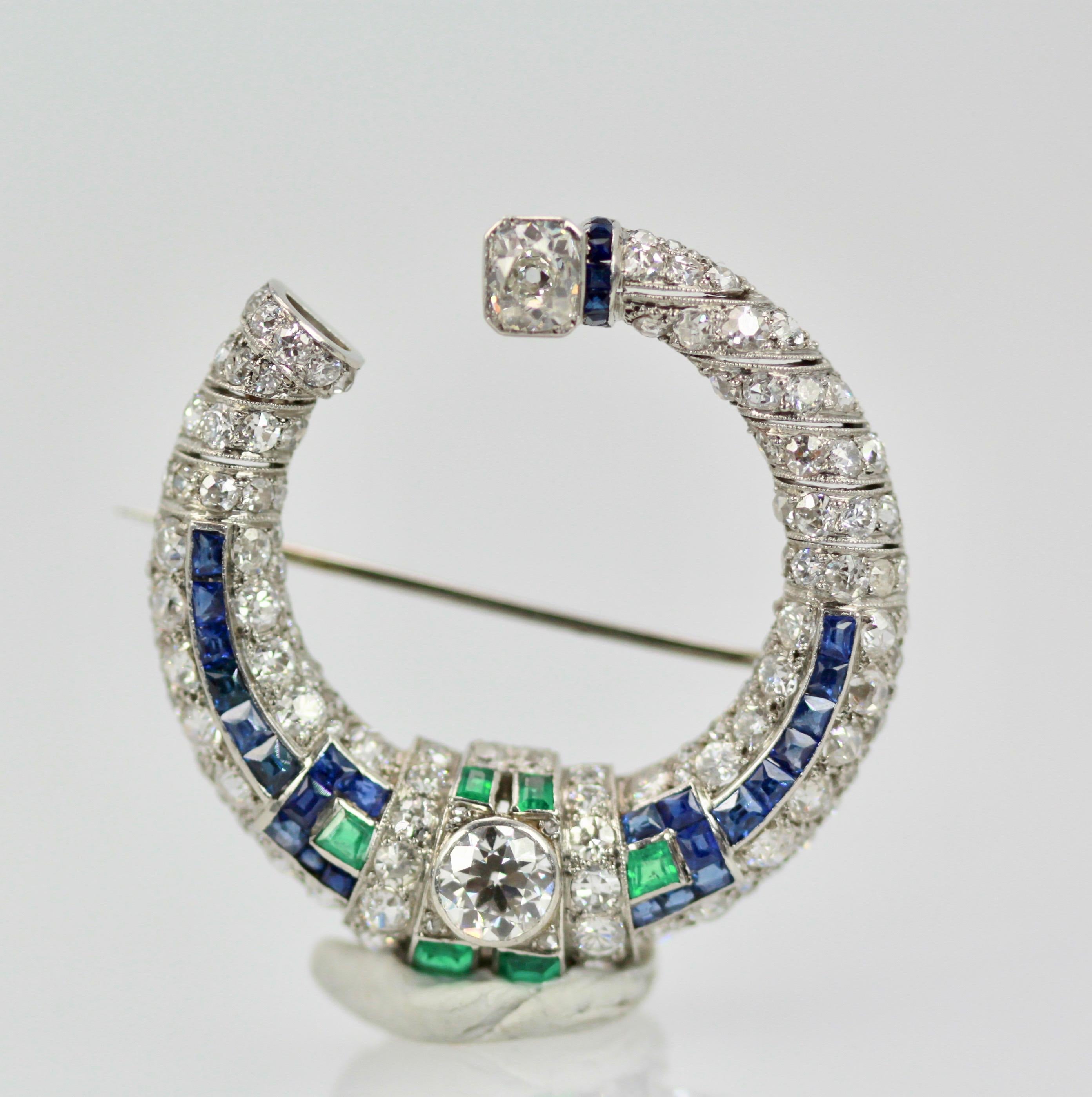 Platinum Deco Sapphire Emerald Diamond Crescent Brooch 7