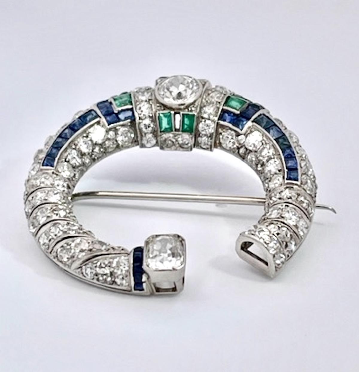 Platinum Deco Sapphire Emerald Diamond Crescent Brooch 8