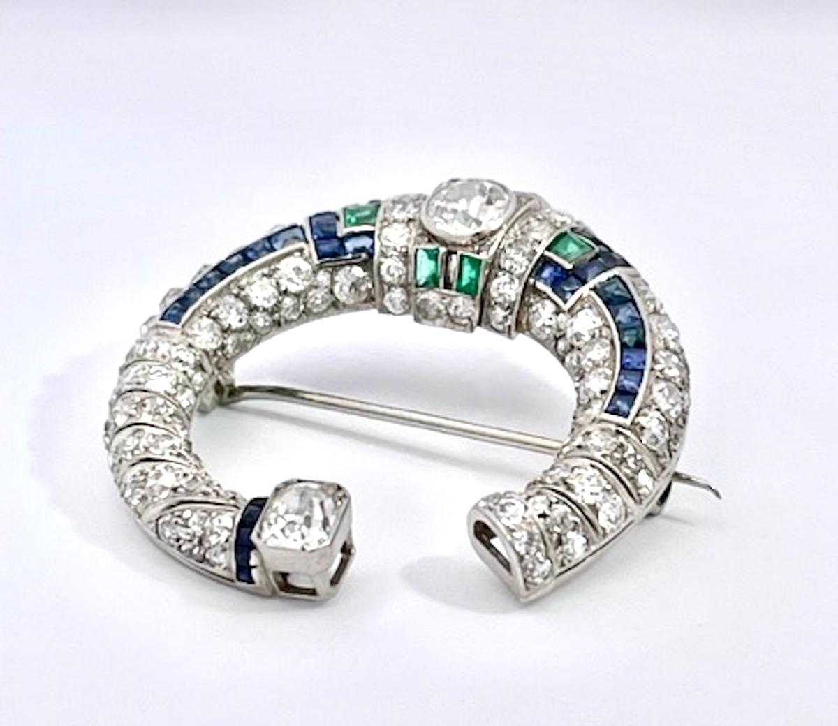 Platinum Deco Sapphire Emerald Diamond Crescent Brooch 9