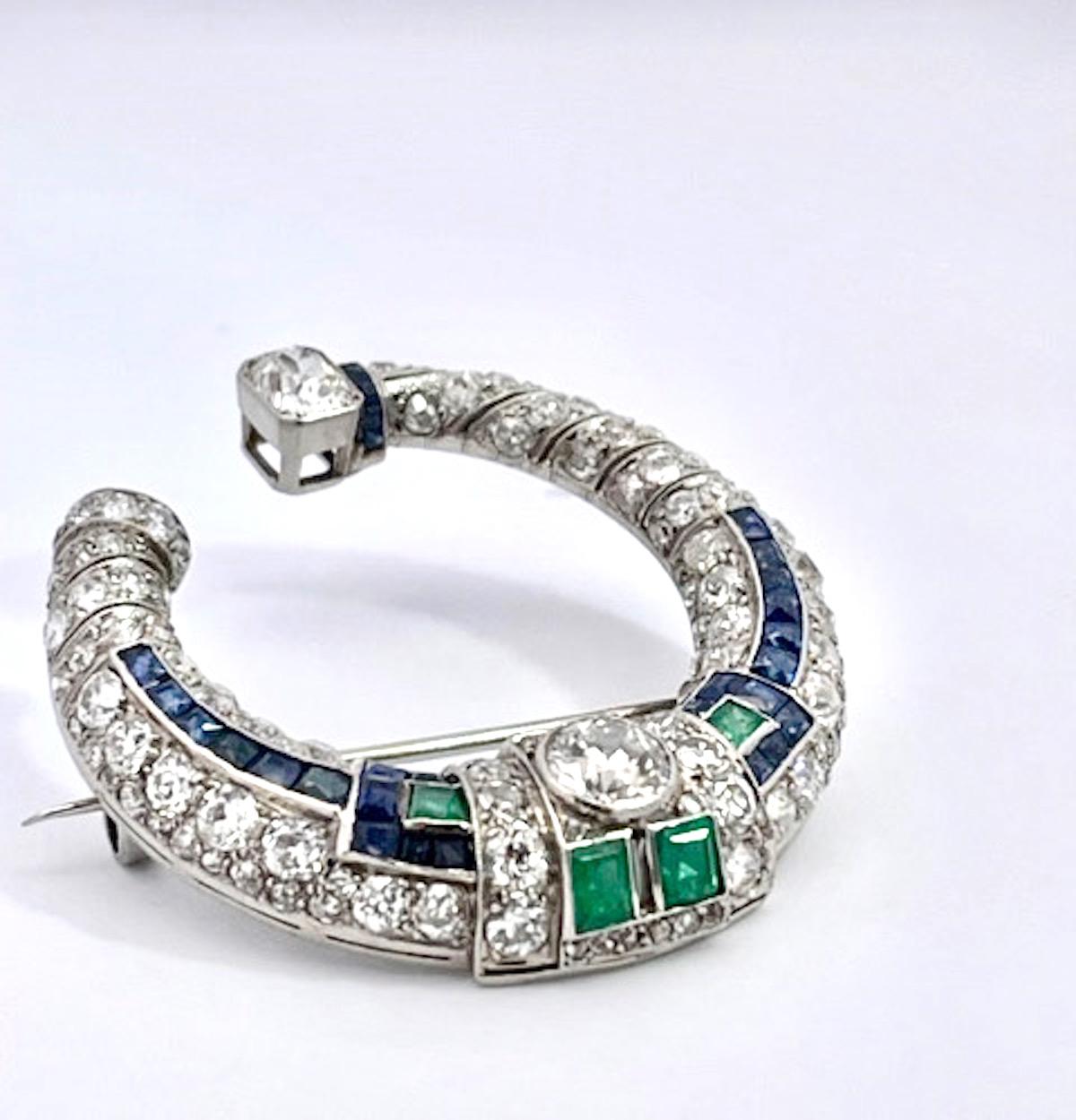 Platinum Deco Sapphire Emerald Diamond Crescent Brooch 10