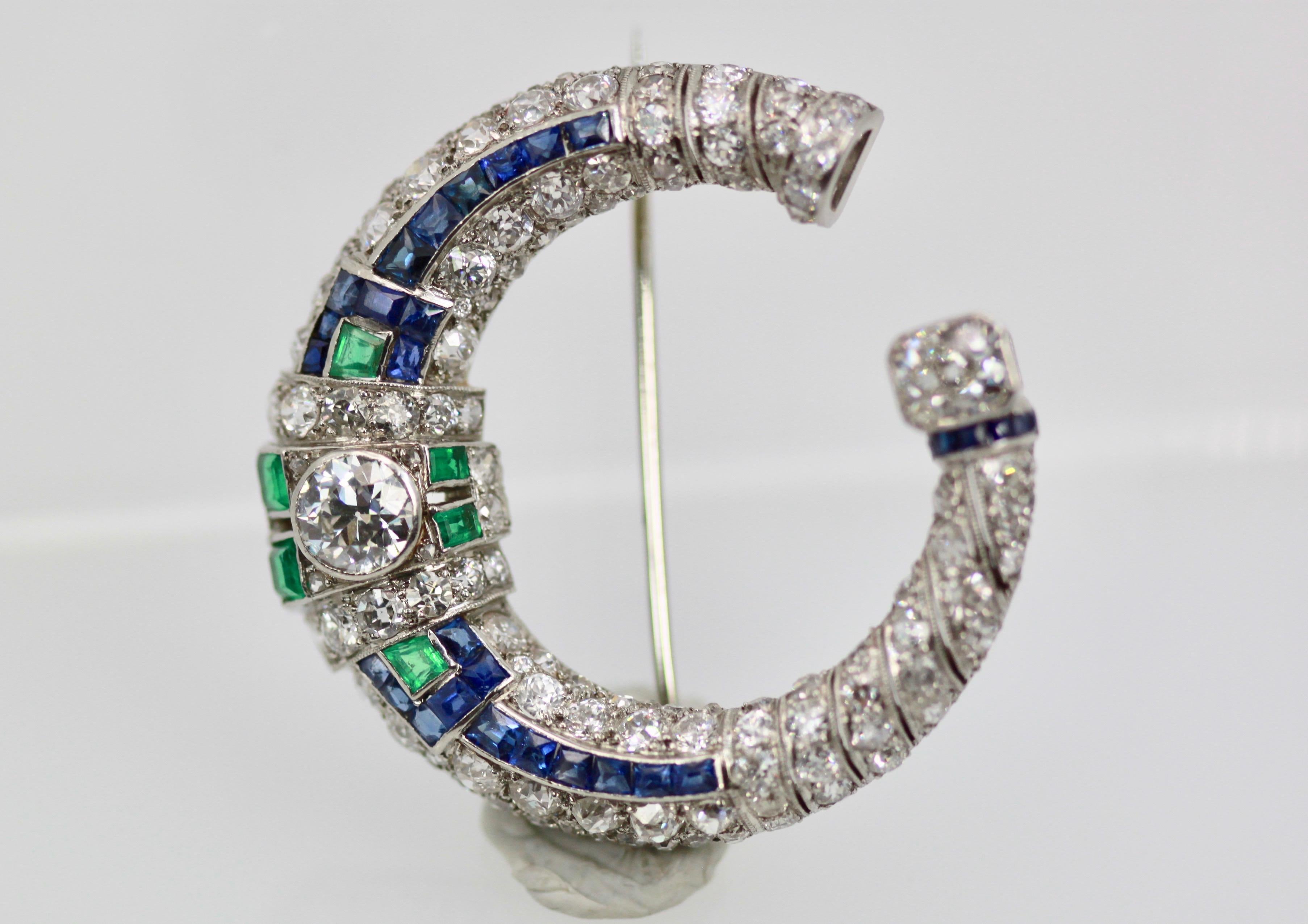 Art Deco Platinum Deco Sapphire Emerald Diamond Crescent Brooch