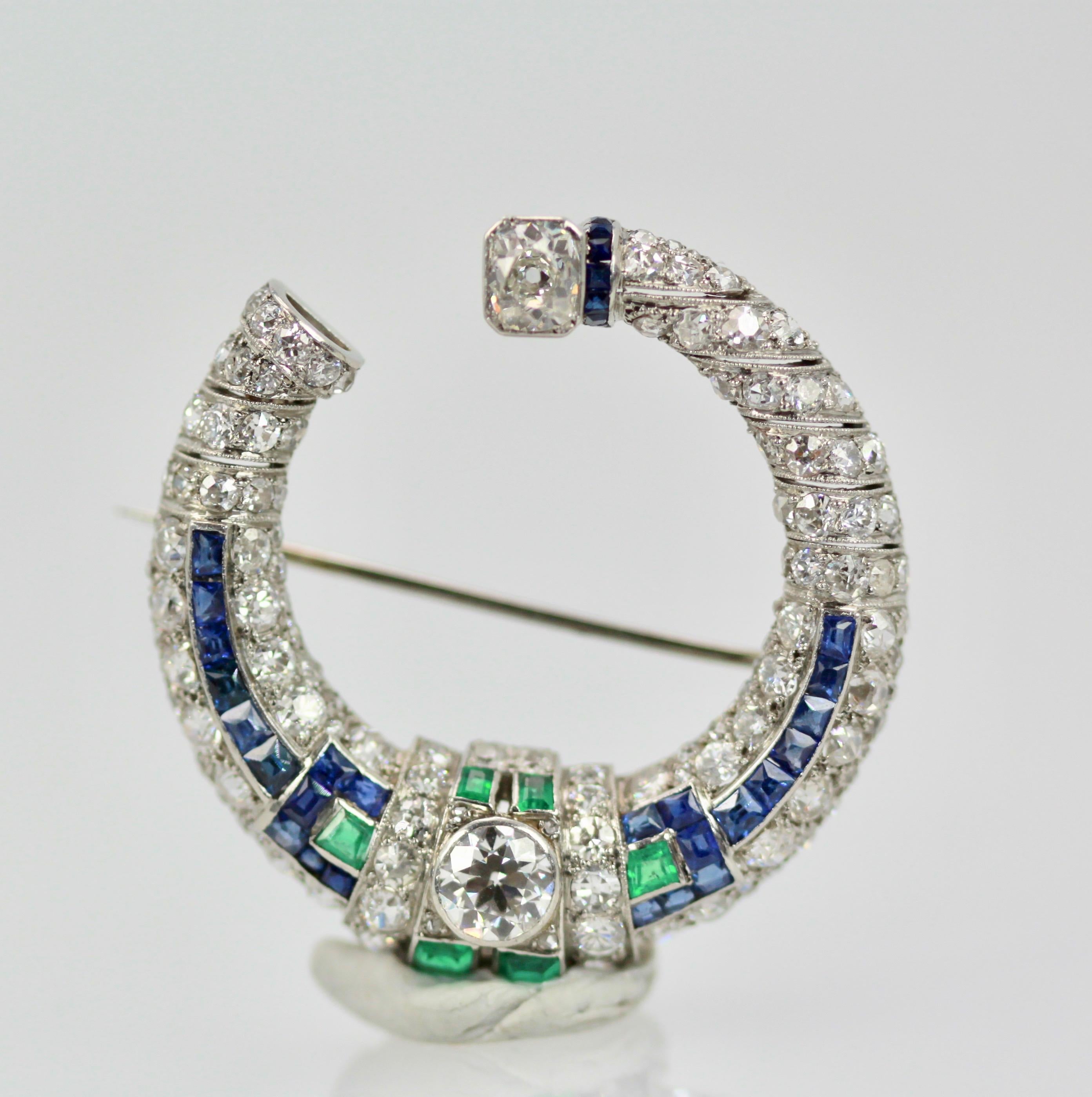 Round Cut Platinum Deco Sapphire Emerald Diamond Crescent Brooch