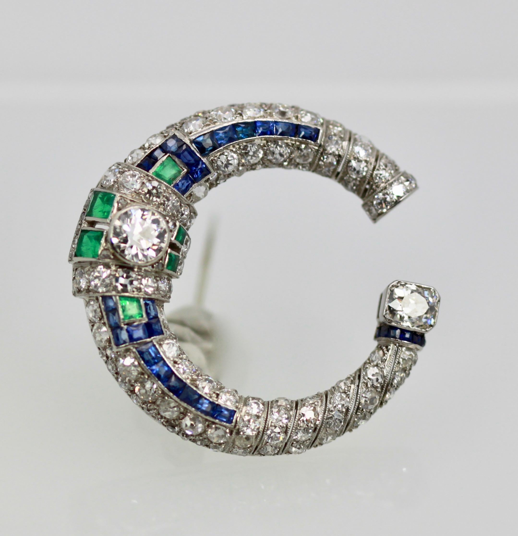 Platinum Deco Sapphire Emerald Diamond Crescent Brooch 1