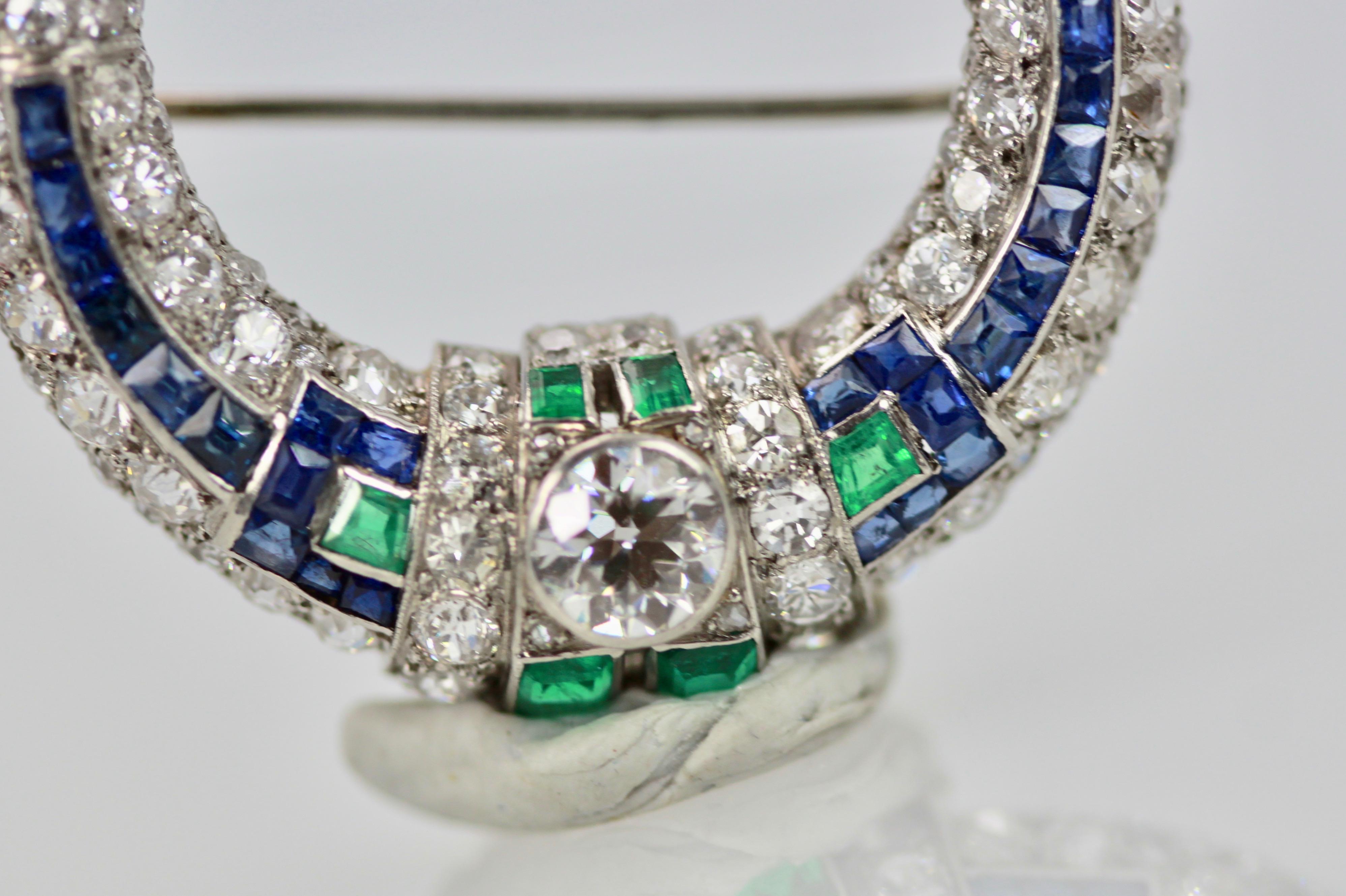 Platinum Deco Sapphire Emerald Diamond Crescent Brooch 2