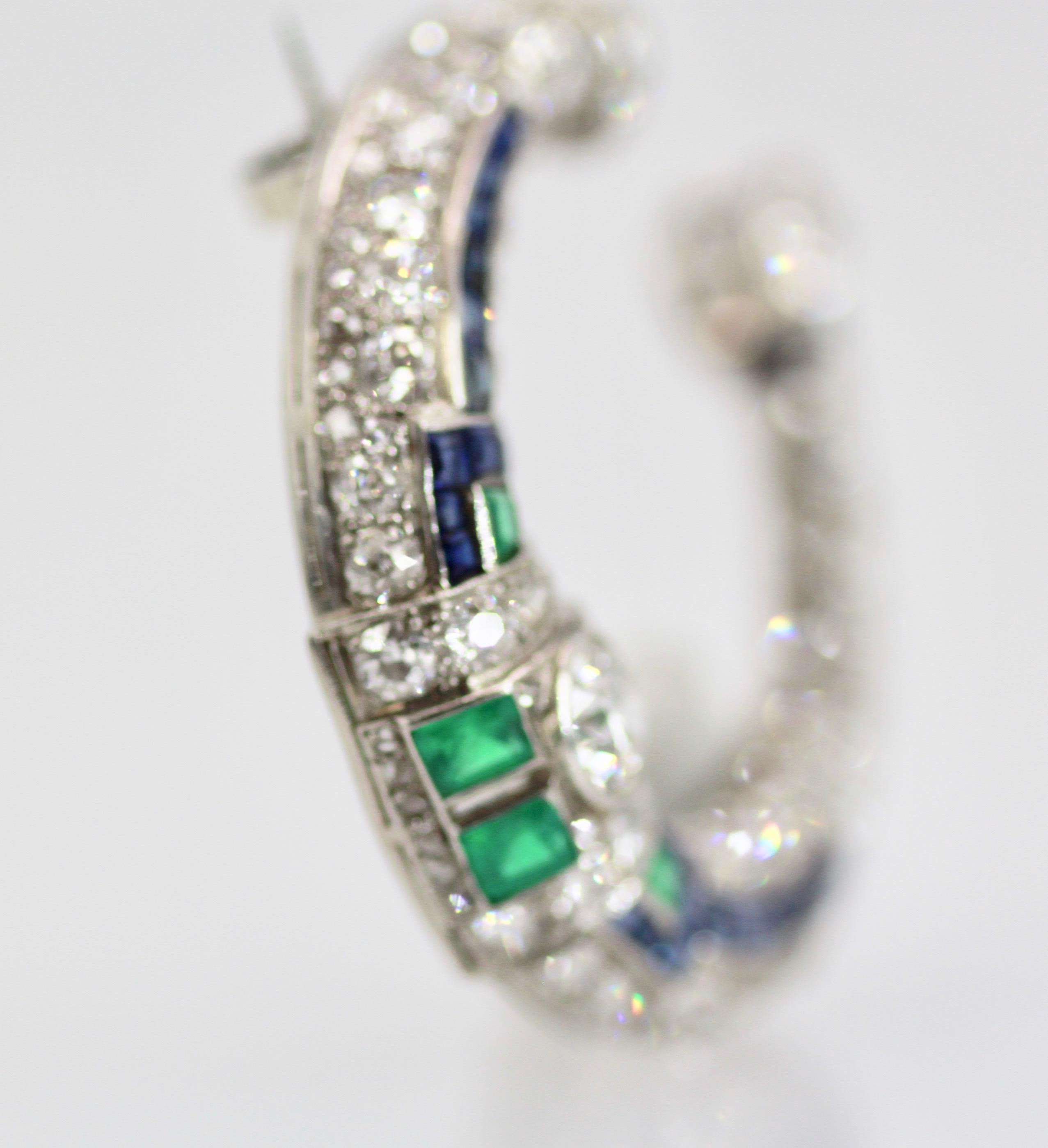 Platinum Deco Sapphire Emerald Diamond Crescent Brooch 3