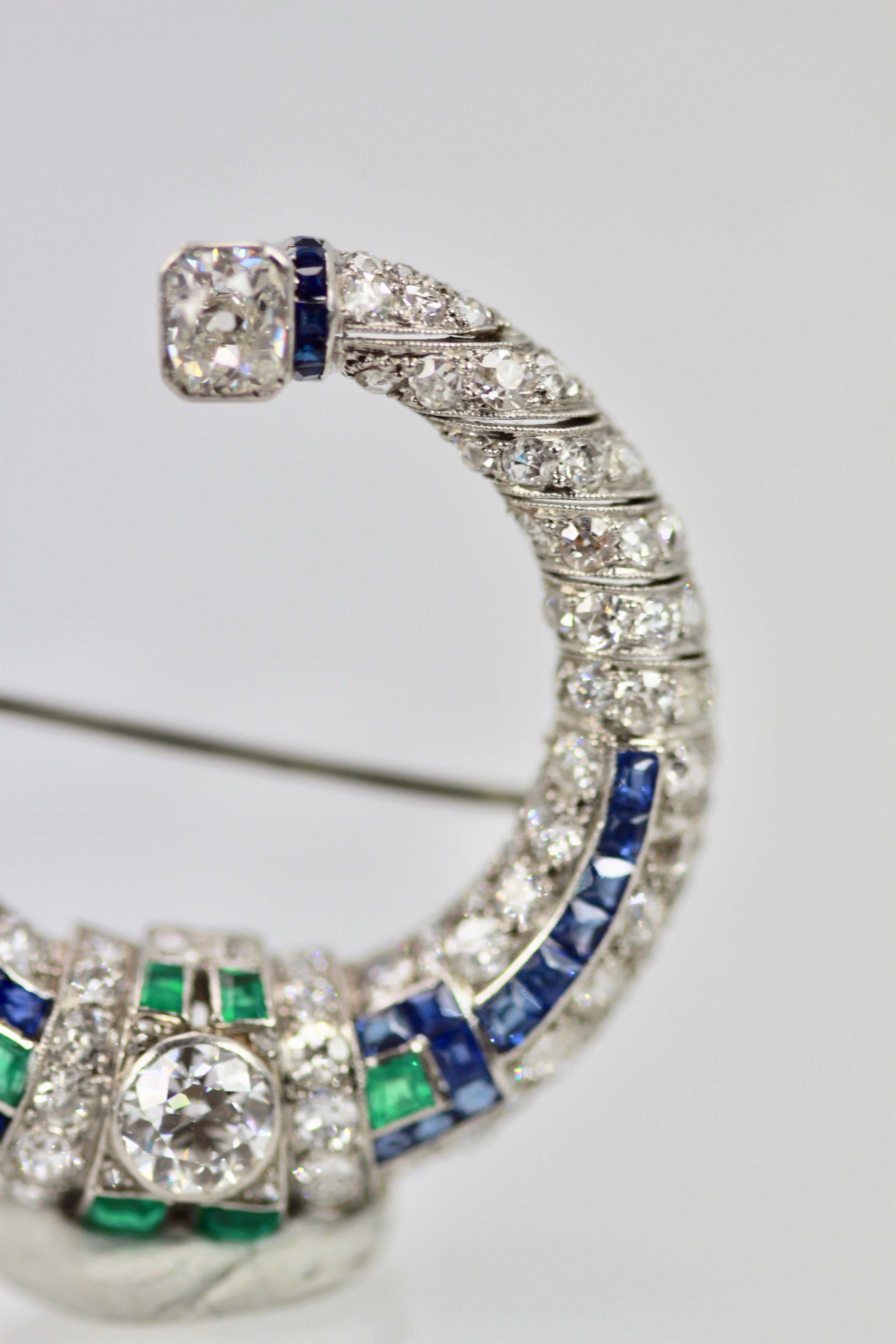 Platinum Deco Sapphire Emerald Diamond Crescent Brooch 4