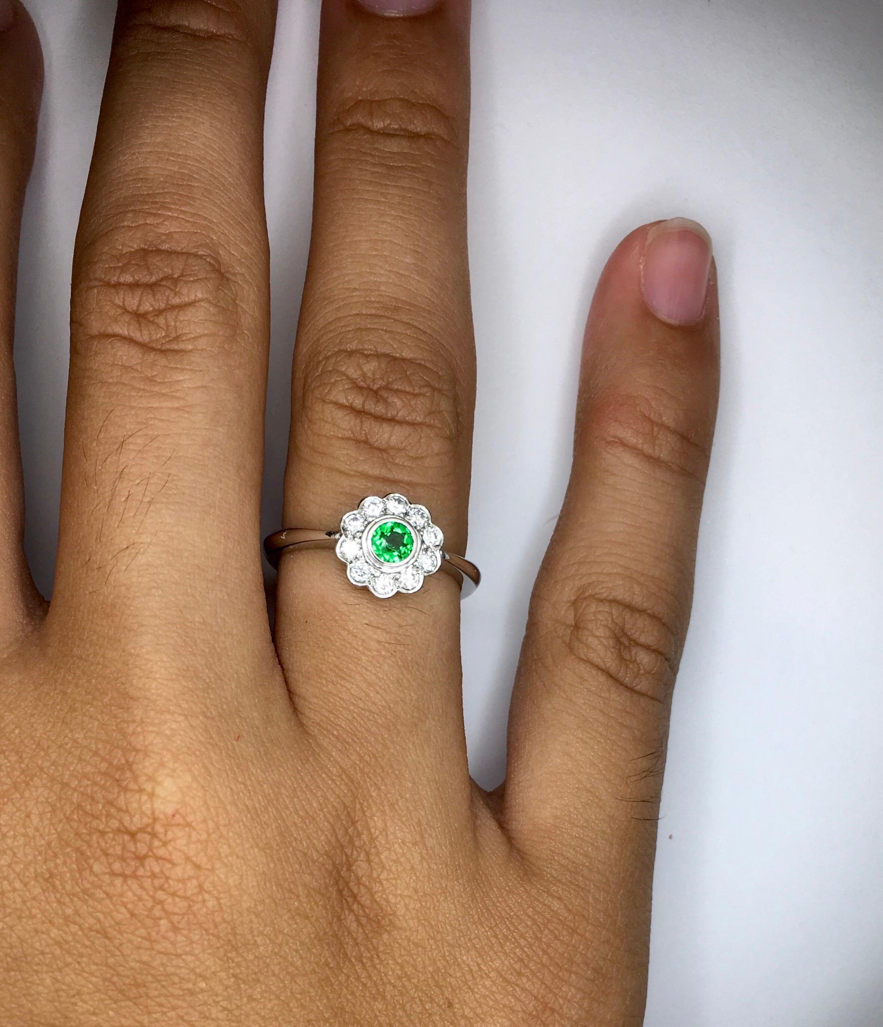 Round Cut Platinum Demantoid Diamond Cluster Ring For Sale