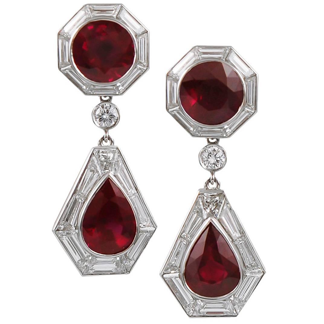 Contemporary Ruby Diamond Drop Earrings For Sale