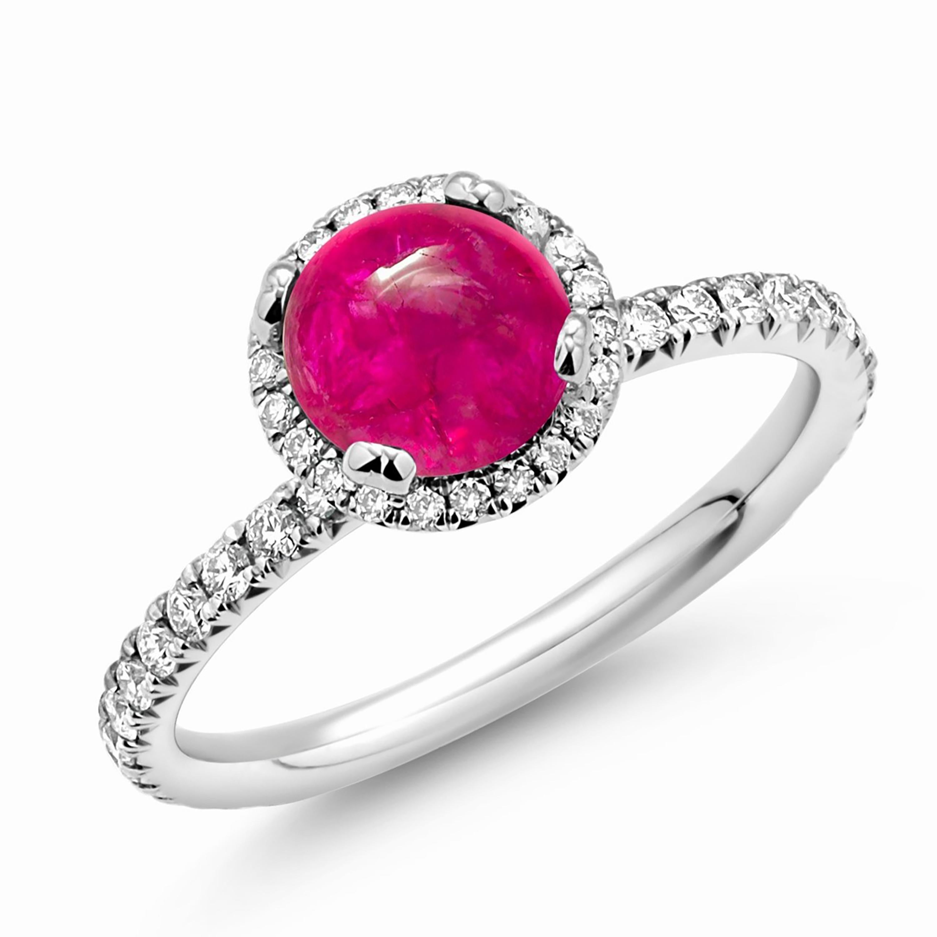 Round Cut Platinum Diamond 0.72 Carat Cabochon Ruby 1.70 Carat Engagement Ring Size 6.25 For Sale