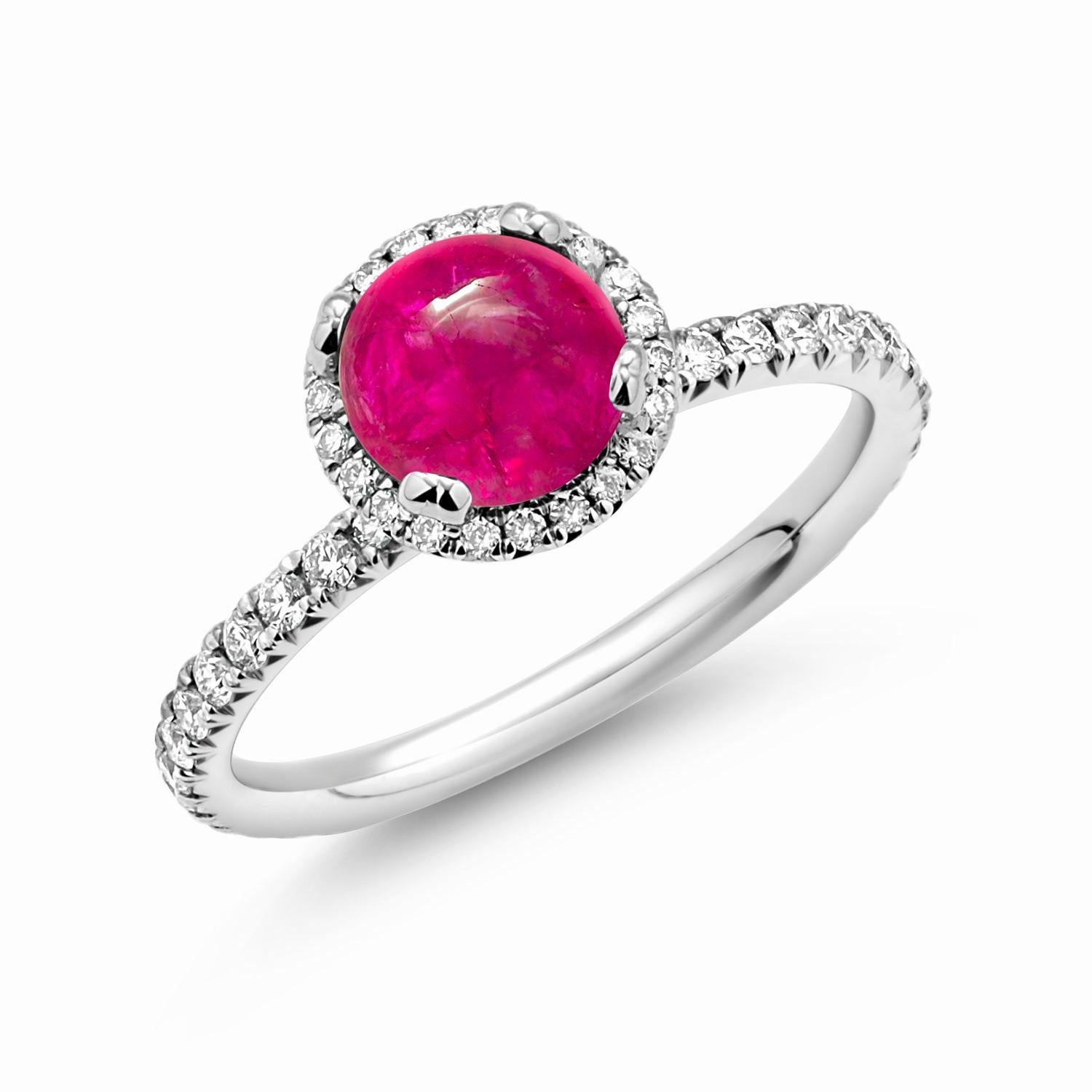 Platinum Diamond 0.72 Carat Cabochon Ruby 1.70 Carat Engagement Ring Size 6.25 For Sale 1