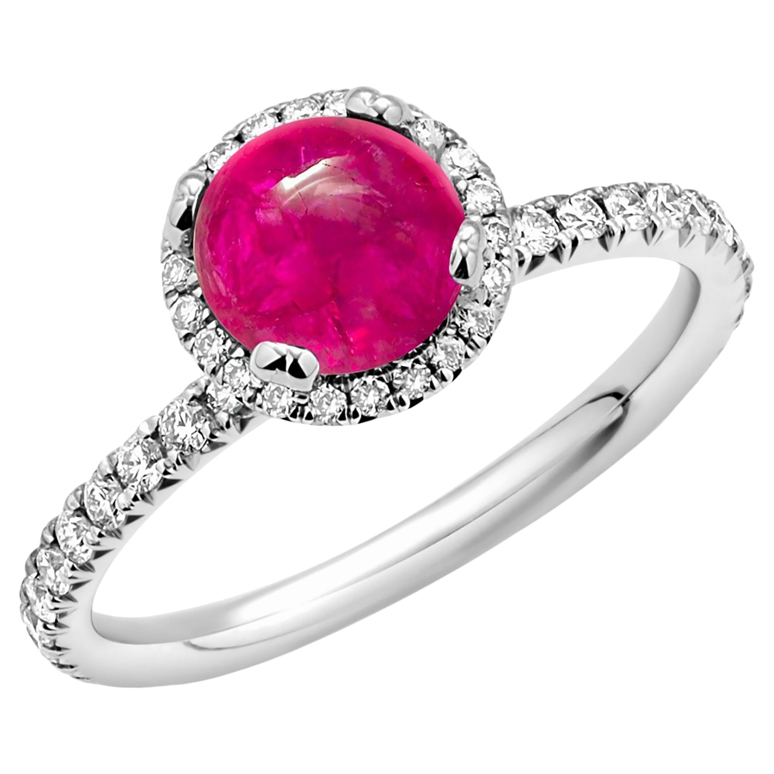 Platinum Diamond 0.72 Carat Cabochon Ruby 1.70 Carat Engagement Ring Size 6.25 For Sale