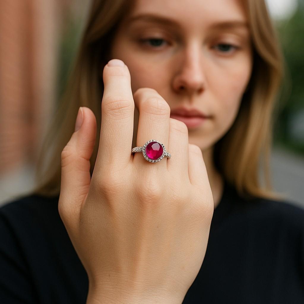 Te presentamos nuestro exquisito Anillo de Compromiso de Platino, Diamante y Rubí Cabujón, un verdadero testimonio de elegancia atemporal y belleza innegable. Esta pieza meticulosamente elaborada presenta un delicado equilibrio entre el deslumbrante