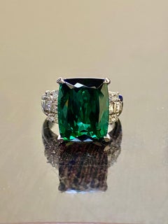 Platinum Diamond 9.70 Carat Cushion Cut Indicolite Tourmaline Engagement Ring