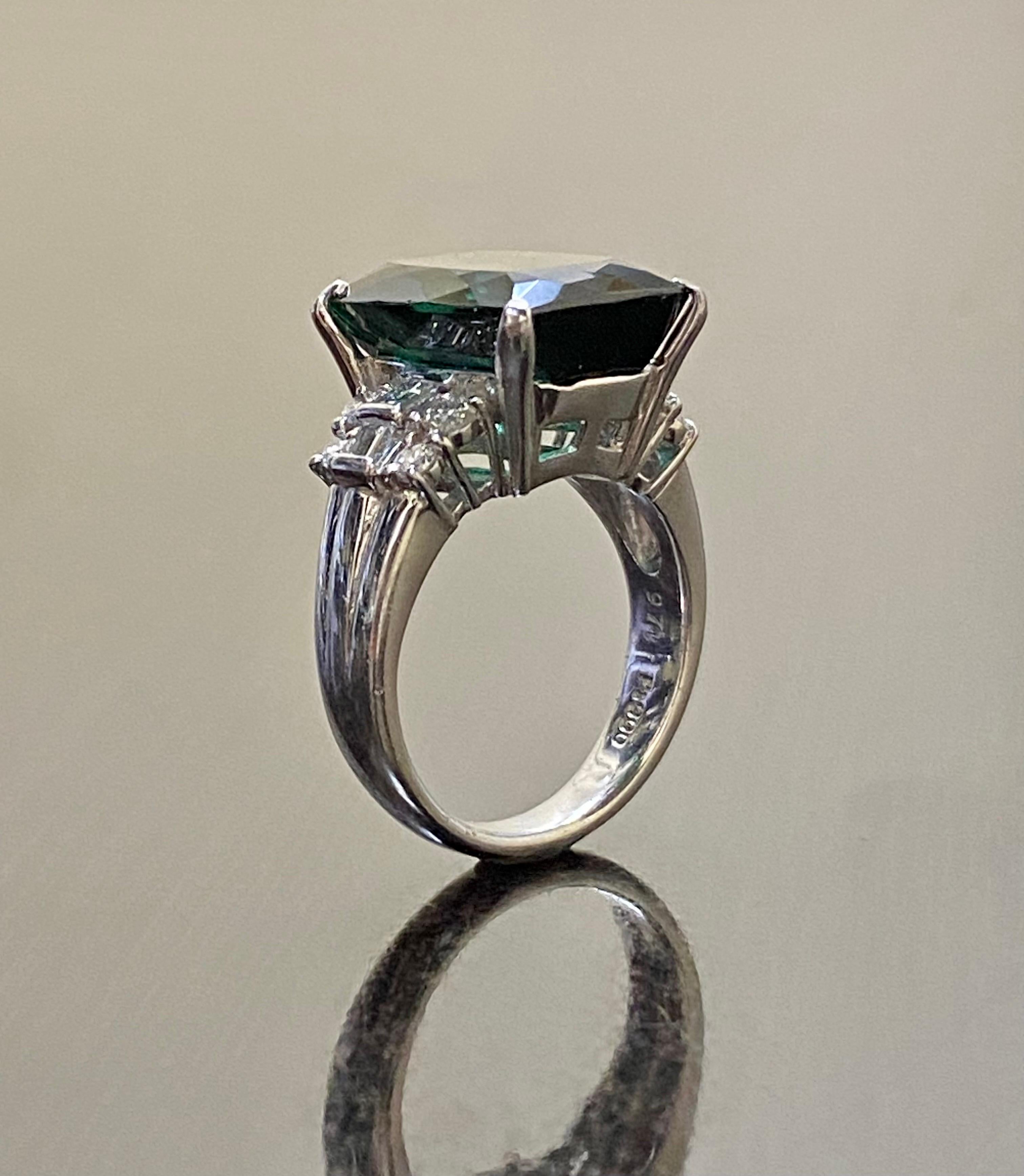 Platinum Diamond 9.70 Carat Cushion Cut Indicolite Tourmaline Engagement Ring In New Condition For Sale In Los Angeles, CA