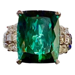 Platinum Diamond 9.70 Carat Cushion Cut Indicolite Tourmaline Engagement Ring