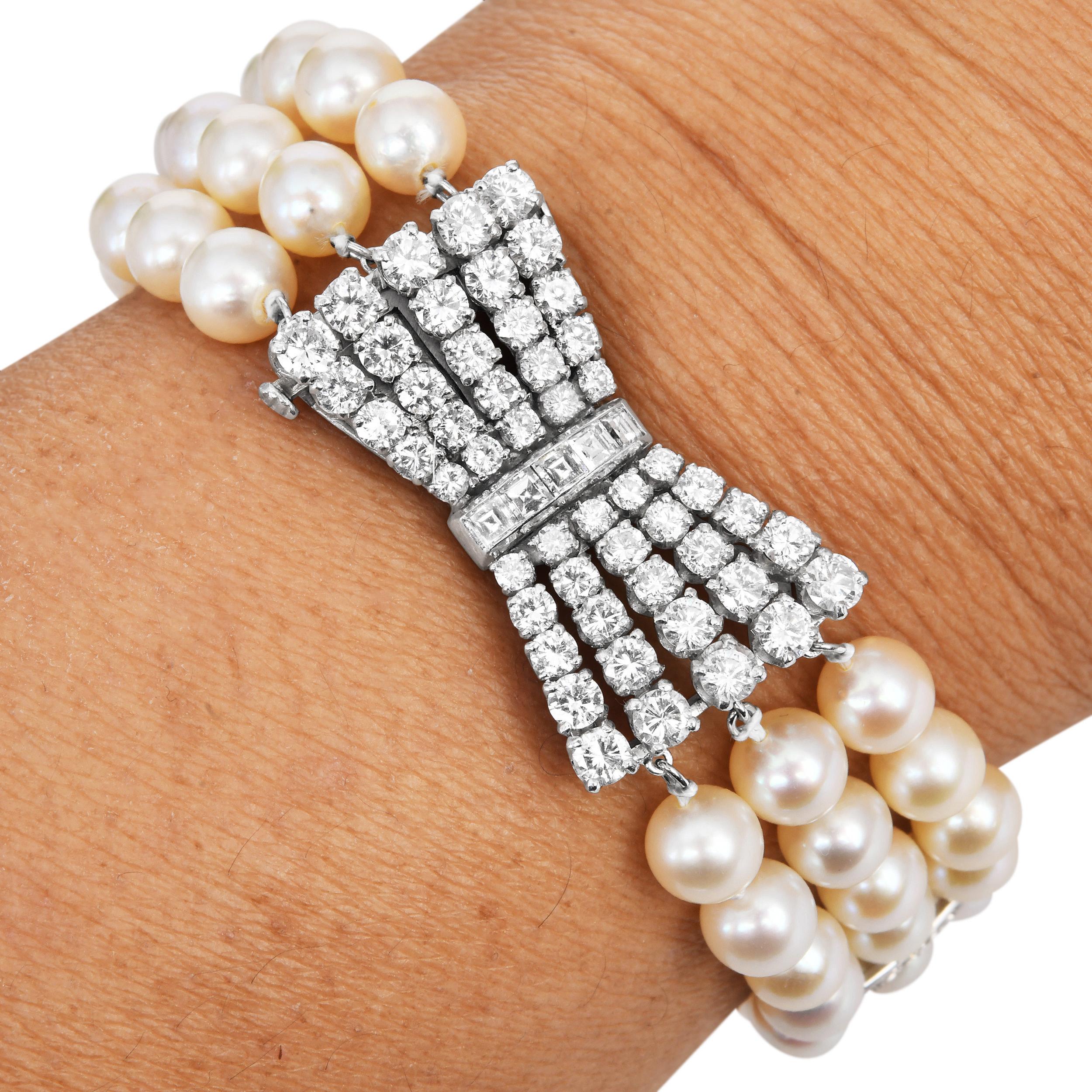 Platinum Diamond Akoya Pearl Bow Clasp Three Strand Bracelet For Sale 2