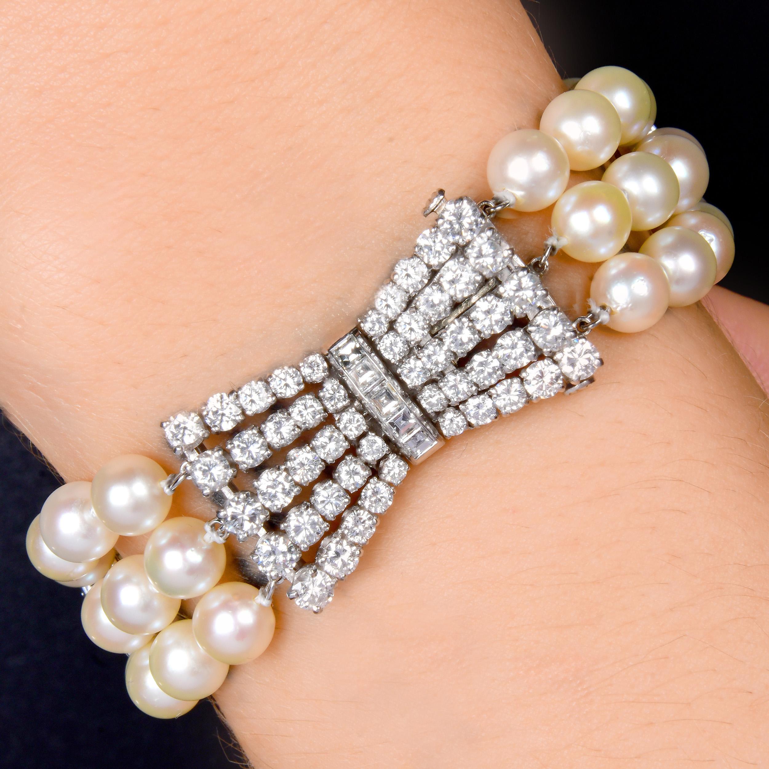 Platinum Diamond Akoya Pearl Bow Clasp Three Strand Bracelet For Sale 3