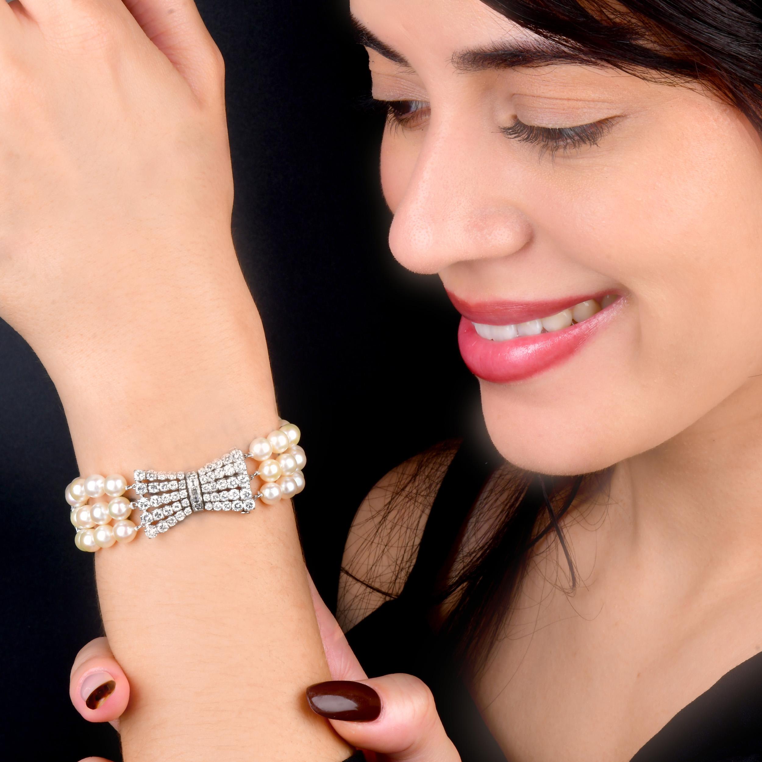 Platinum Diamond Akoya Pearl Bow Clasp Three Strand Bracelet For Sale 4